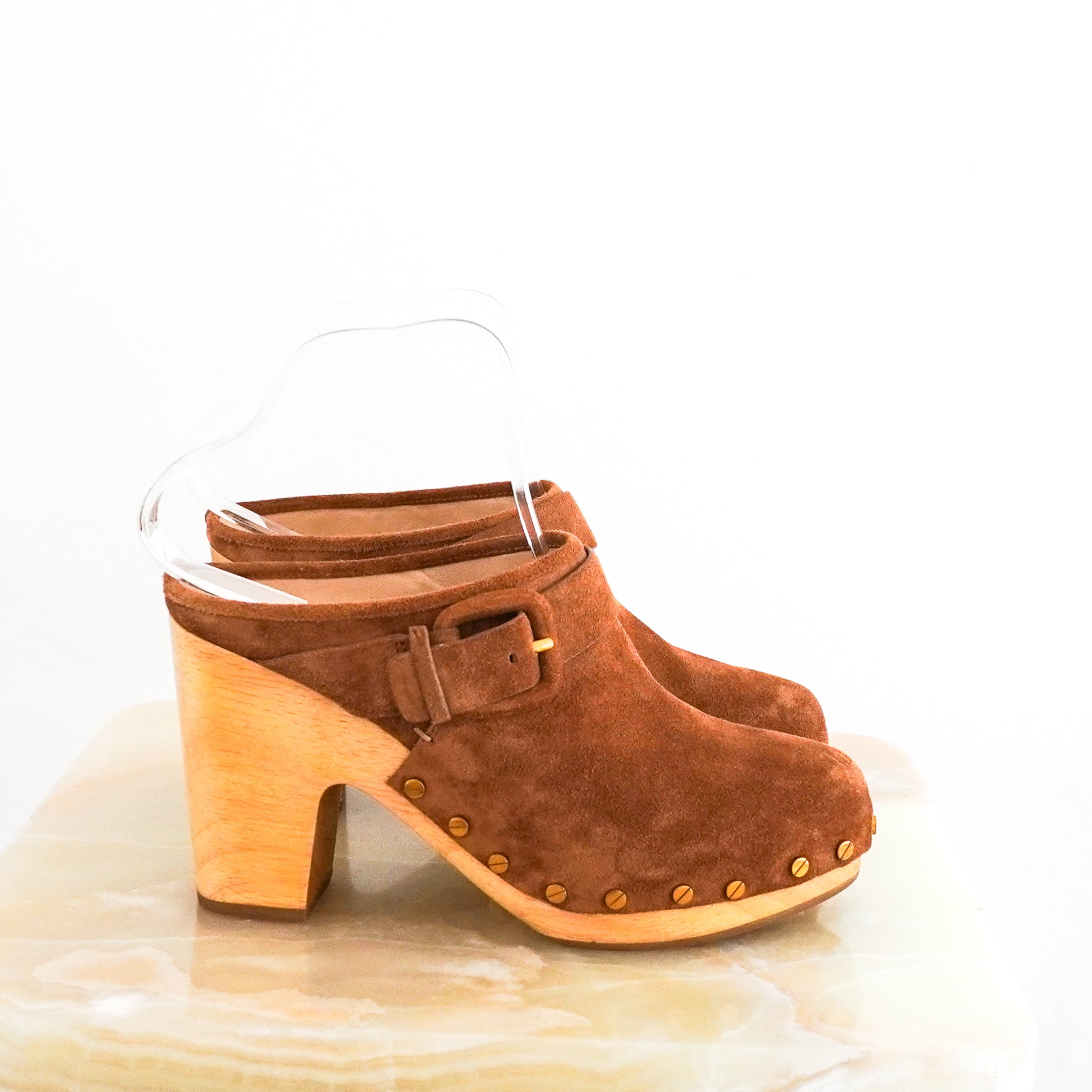 NEW-Veronica-Beard-Brown-Suede-Clogs-side-picture-Chelsea-London