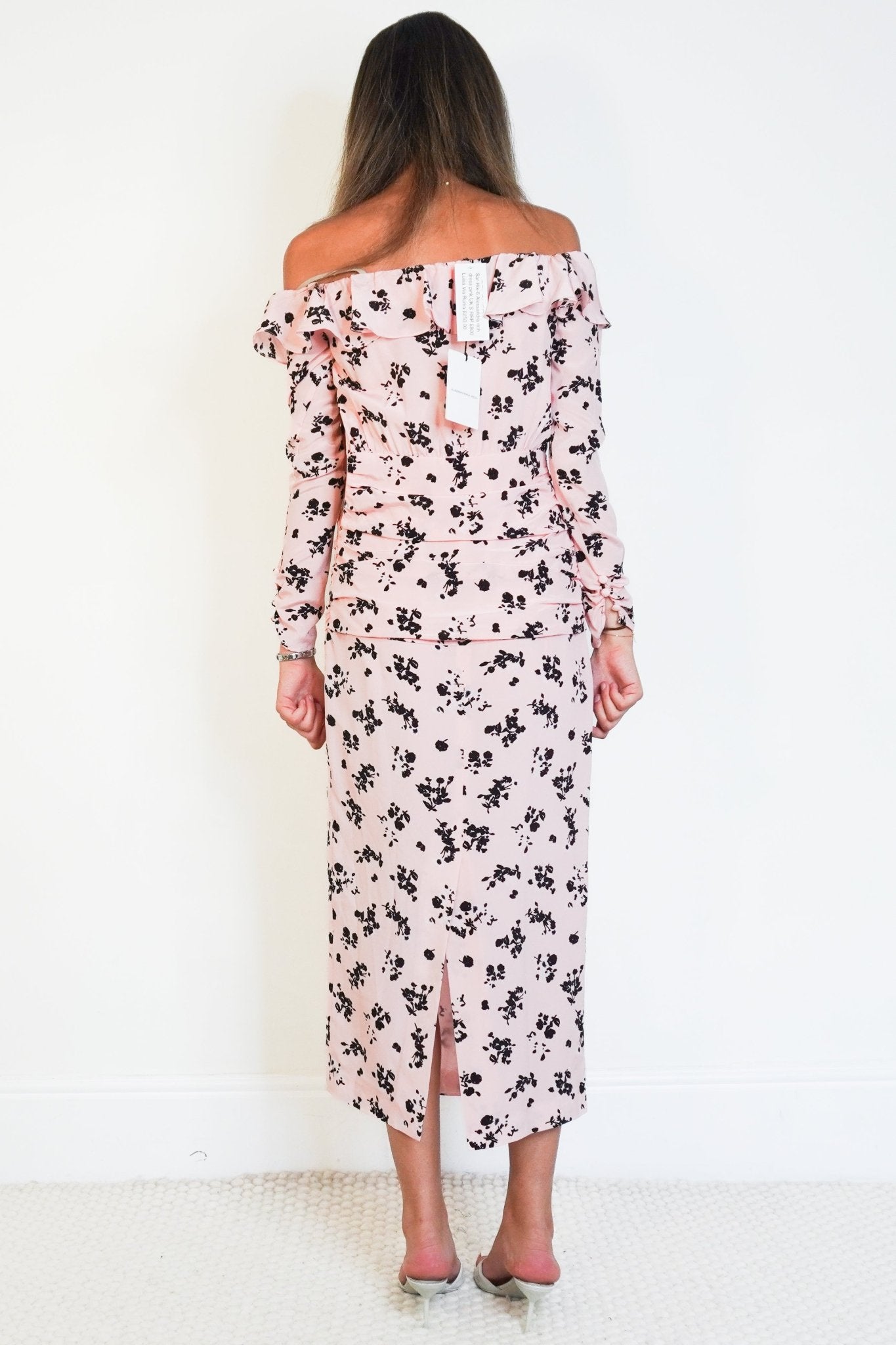NEW Alessandra Rich Rose Print Silk Off The Shoulder Dress (RRP £800) | Authentic Preloved - Reloved Again