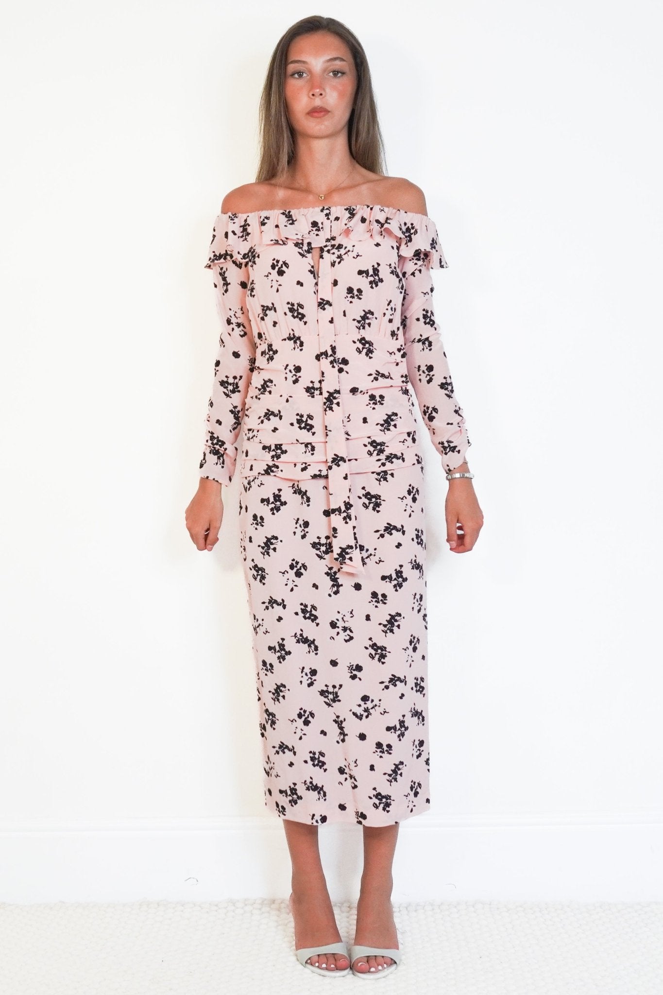 NEW Alessandra Rich Rose Print Silk Off The Shoulder Dress (RRP £800) | Authentic Preloved - Reloved Again