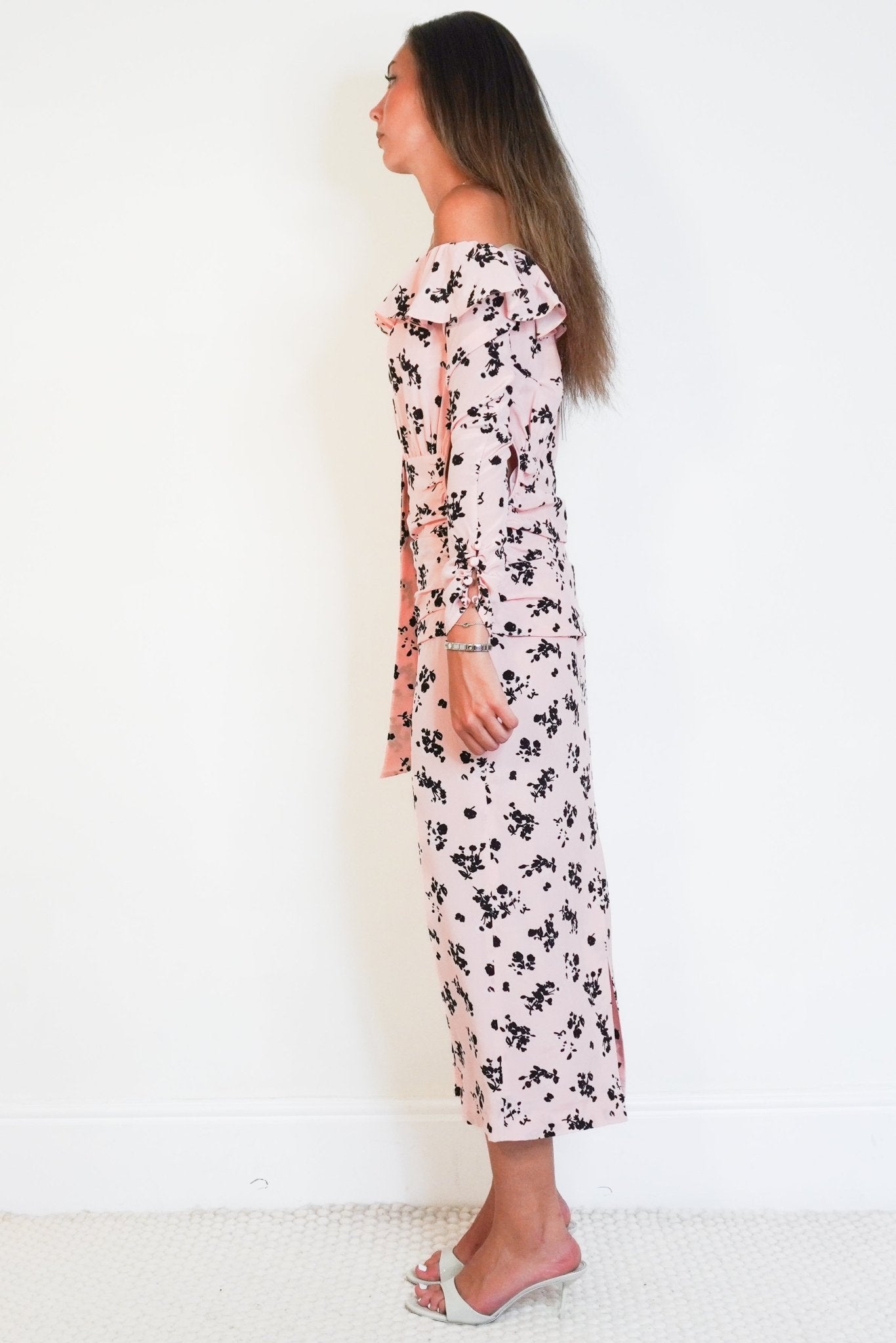 NEW Alessandra Rich Rose Print Silk Off The Shoulder Dress (RRP £800) | Authentic Preloved - Reloved Again