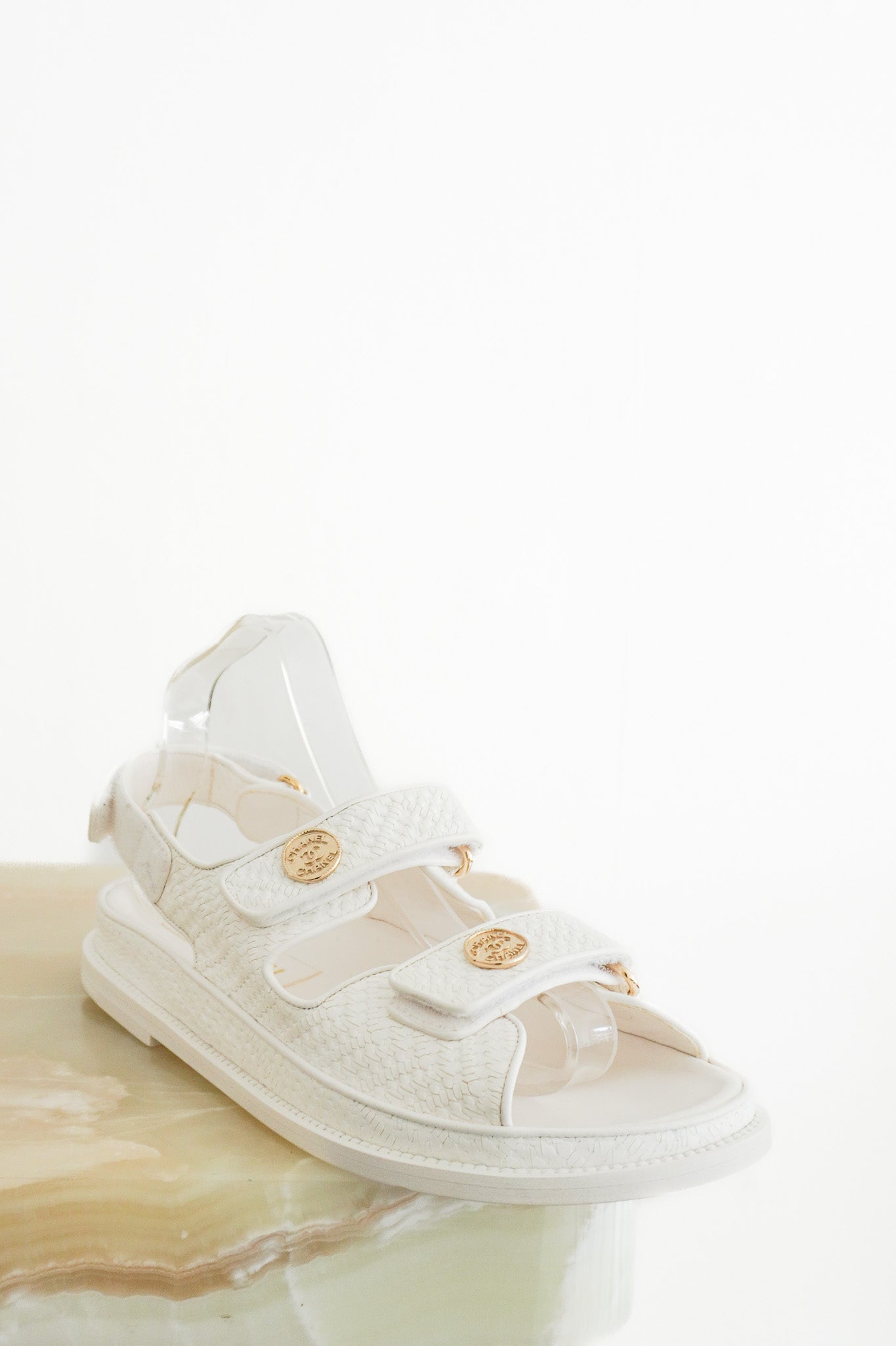 NEW Chanel Dad Sandals in White Textured Calfskin Leather 
