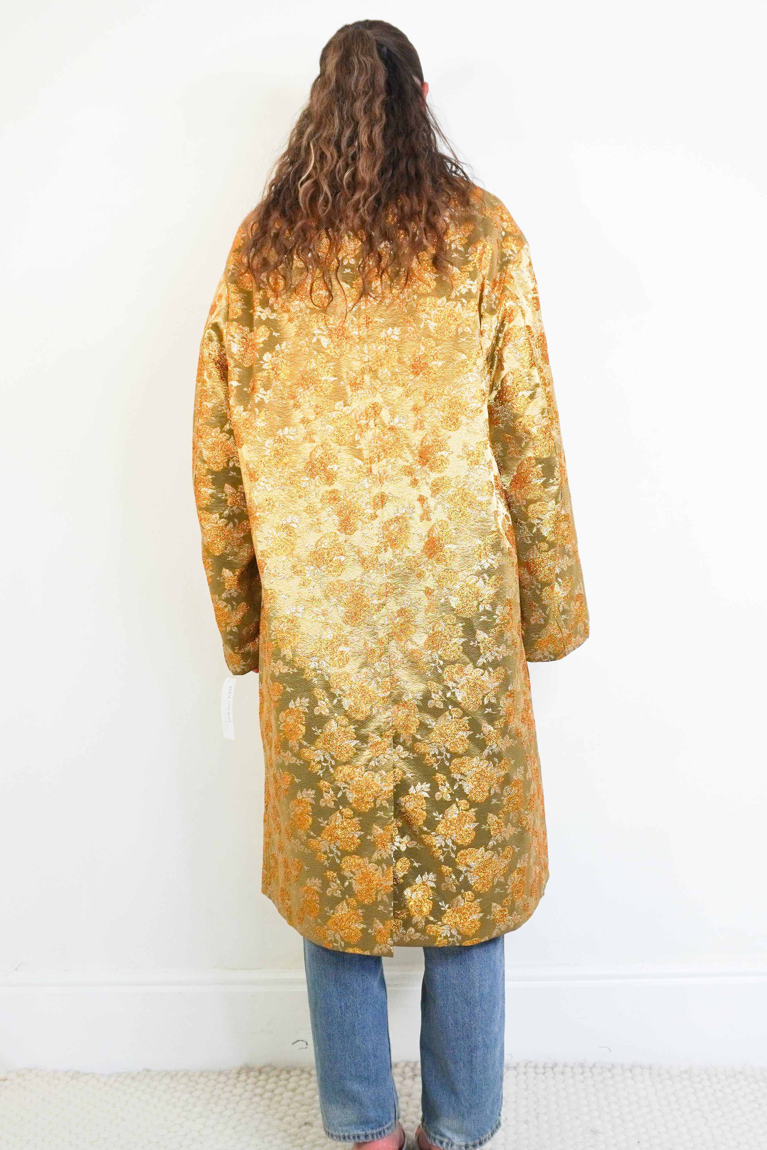 NEW Dries Van Noten Rinks Gold Metallic Jacquard Coat back photo chelsea london