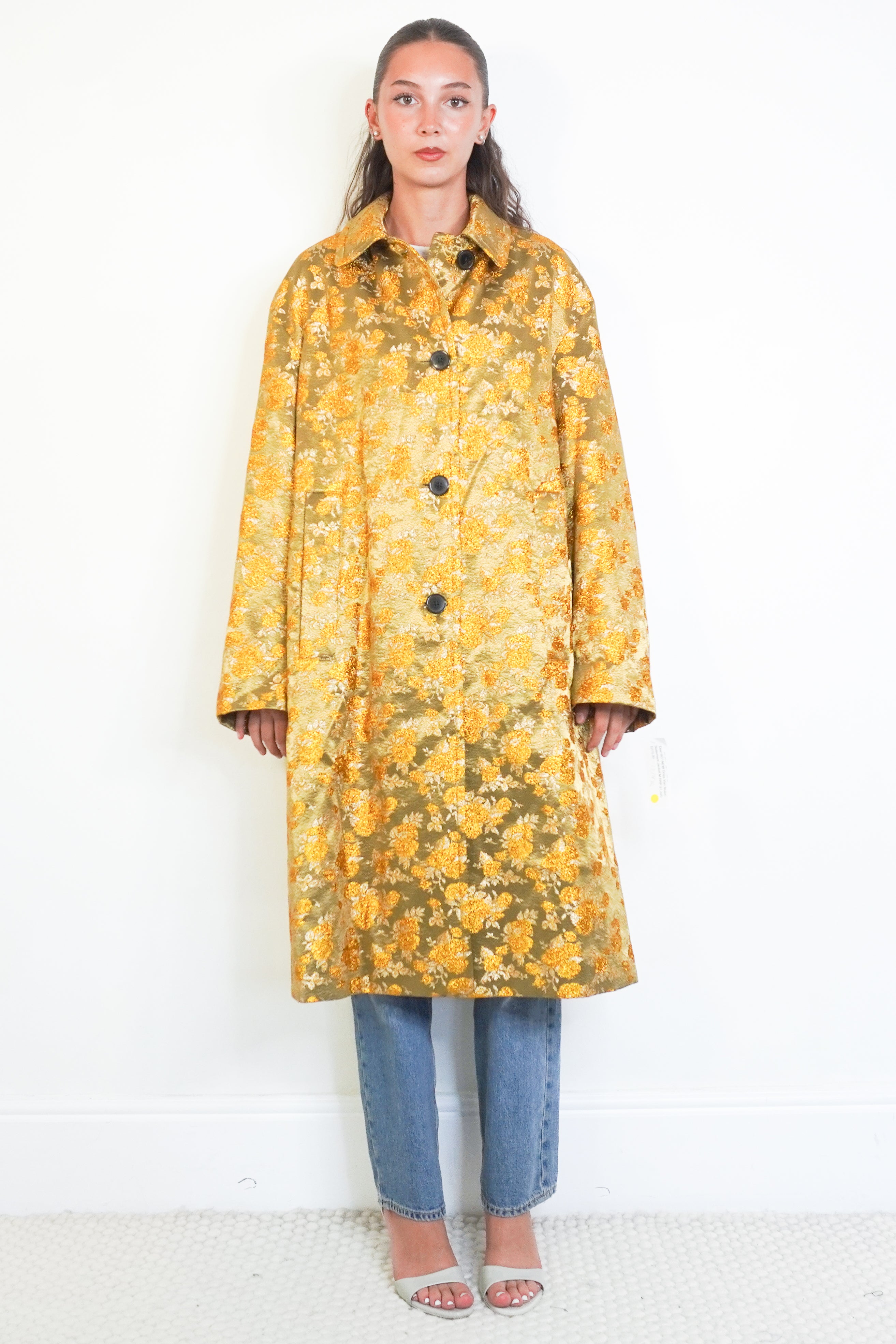 NEW Dries Van Noten Rinks Gold Metallic Jacquard Coat front photo chelsea london