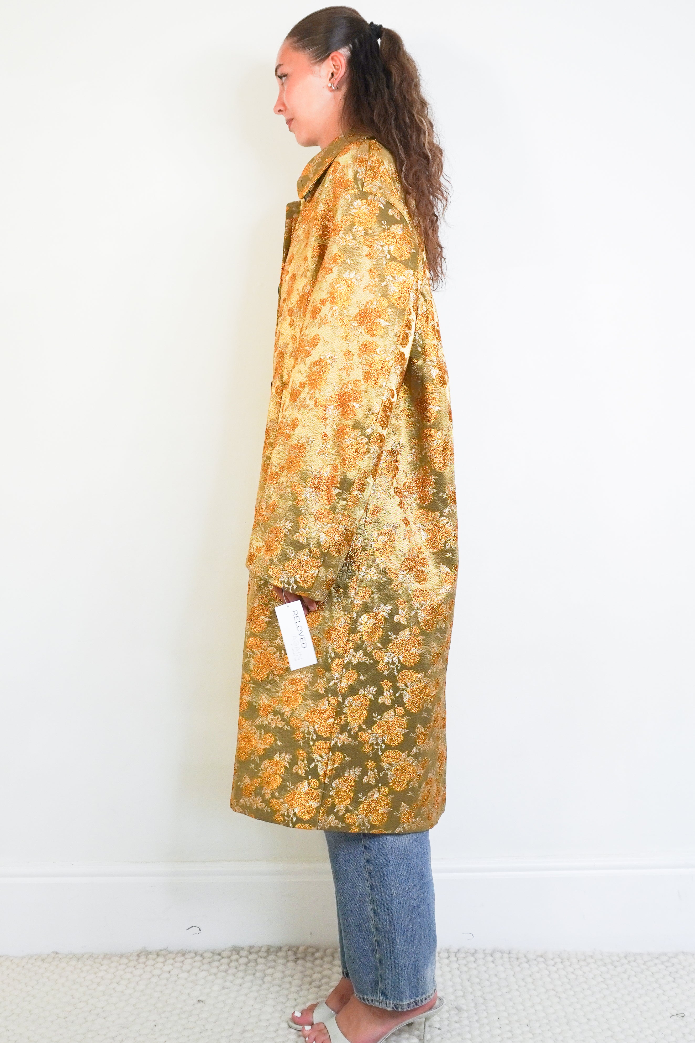 NEW Dries Van Noten Rinks Gold Metallic Jacquard Coat side photo chelsea london