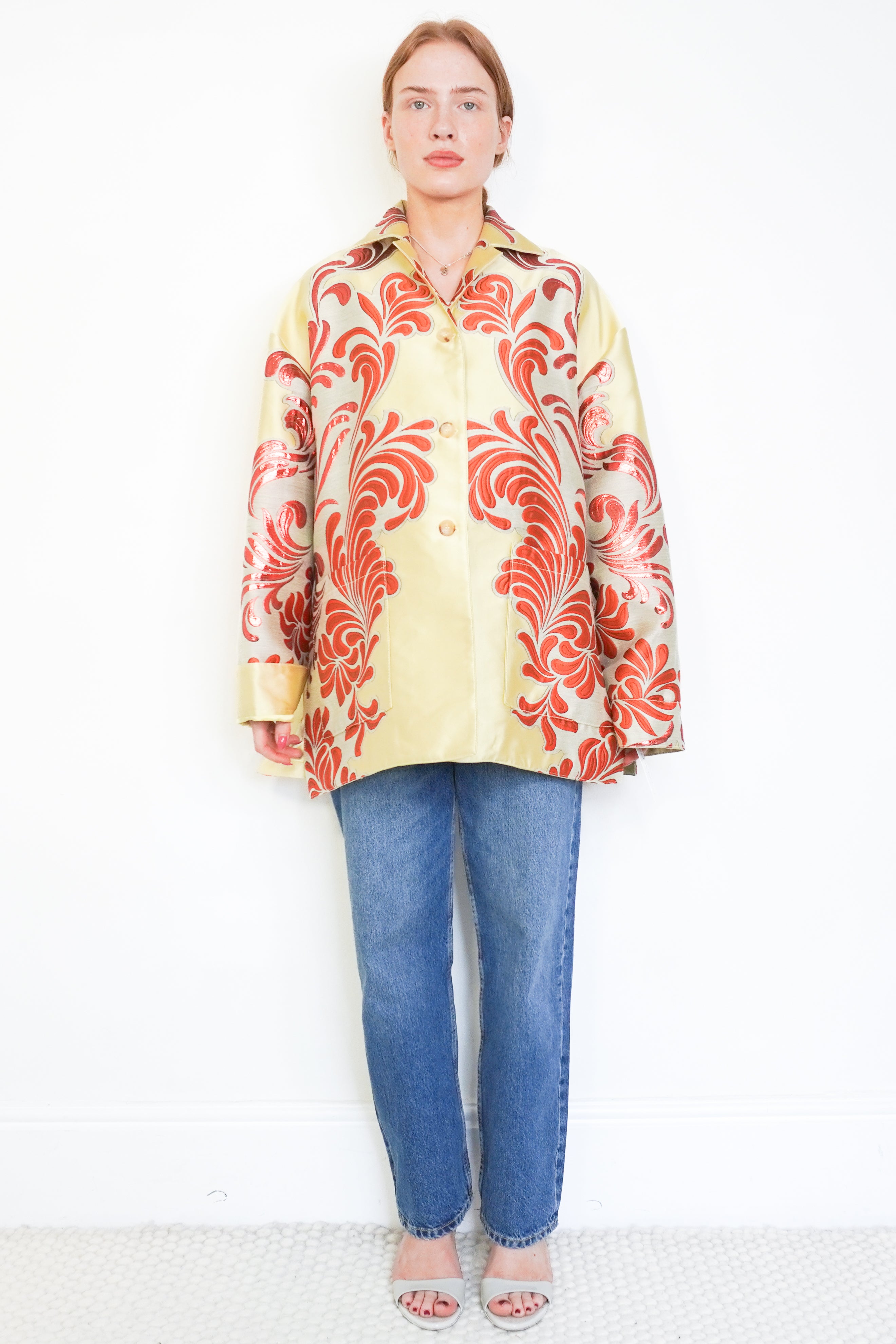 NEW Etro Metallic Gold &amp; Red Jacquard Overshirt Jacket front photo chelsea london