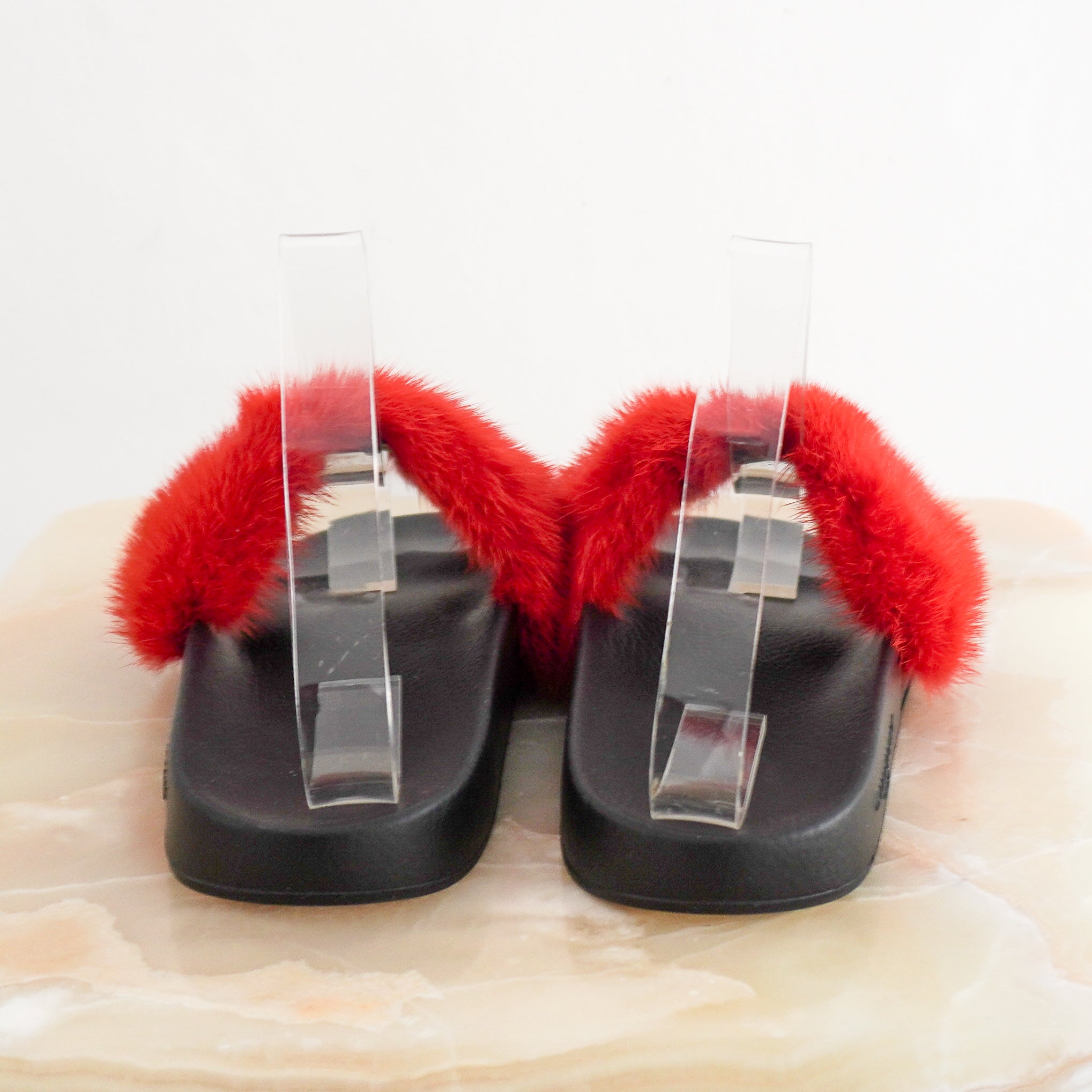 NEW Givenchy Red Rabbit Fur Slides back photo chelsea london