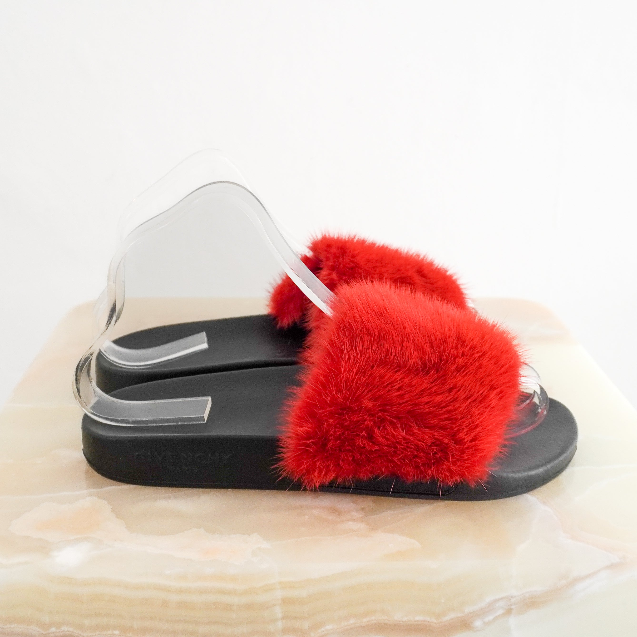 NEW Givenchy Red Rabbit Fur Slides side photo chelsea london