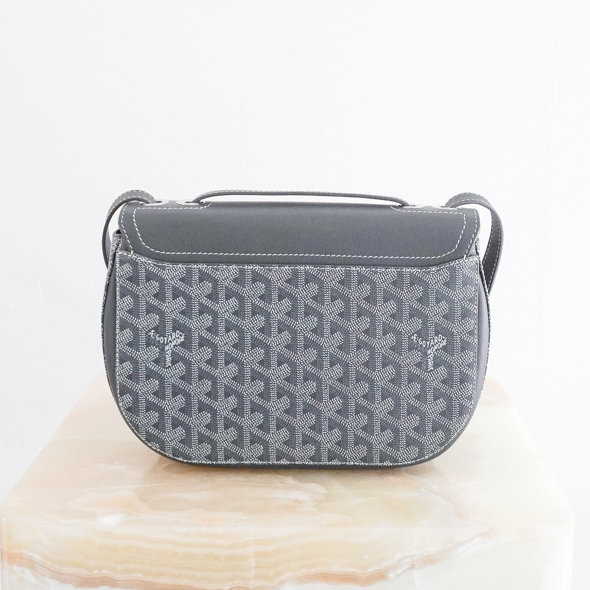 NEW Goyard 233 PM Bag in grey Goyardine canvas with grey Taurillon leather trim and palladium-tone hardware.