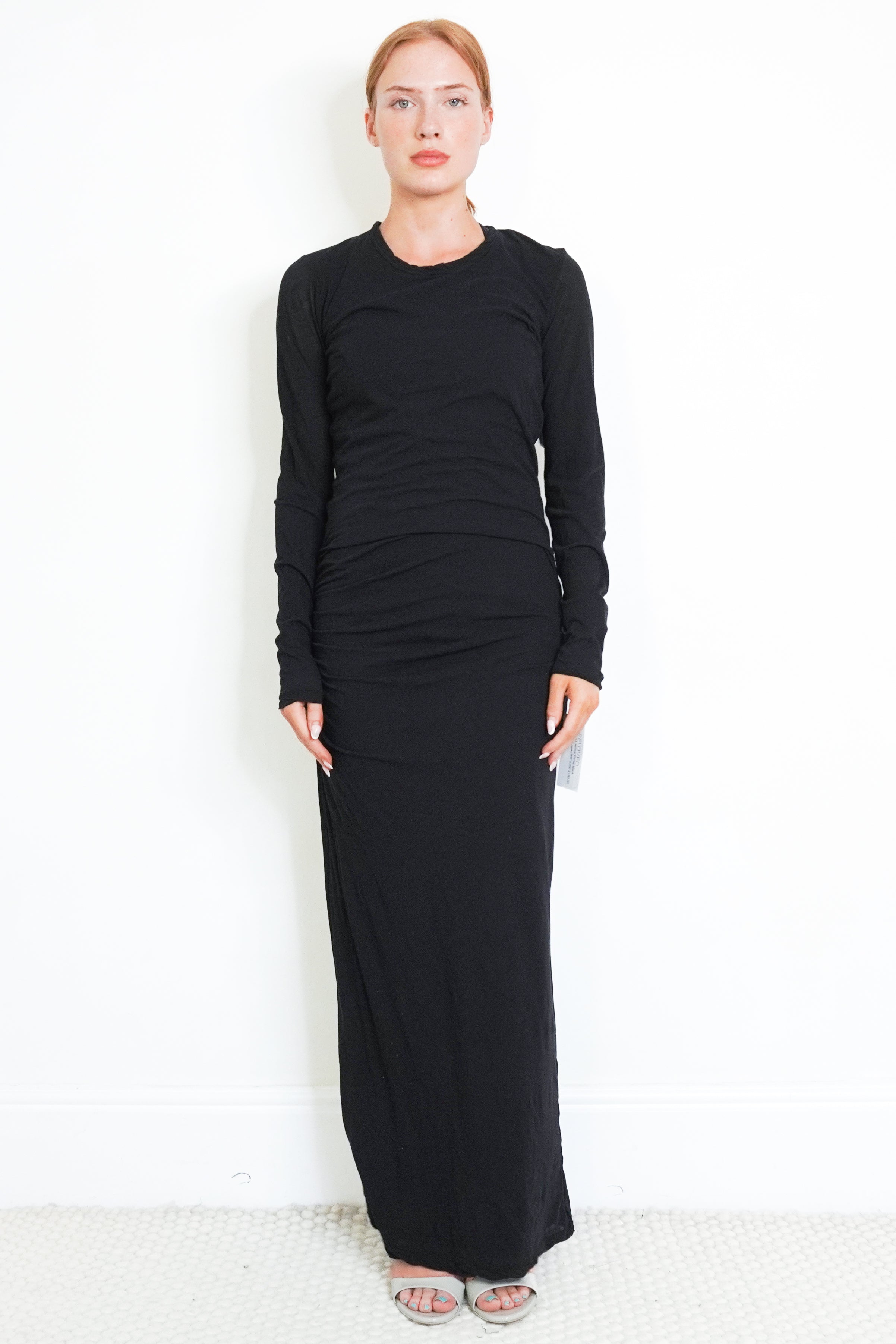 NEW James Perse Black Ruched Long Sleeve Maxi Dress front photo chelsea london