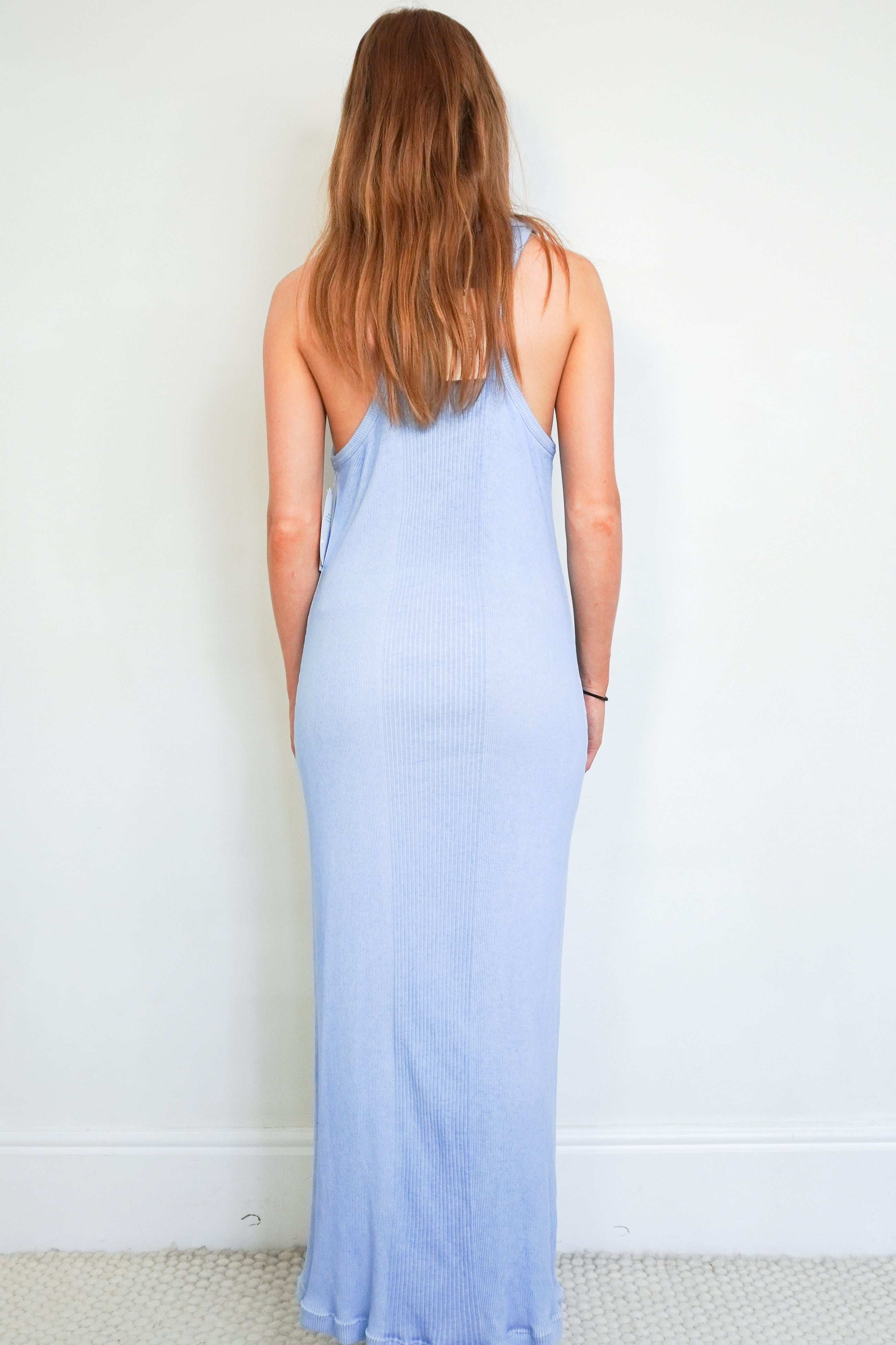 NEW Jean Paul Gaultier Baby Blue Ribbed Maxi Dress back photo chelsea london