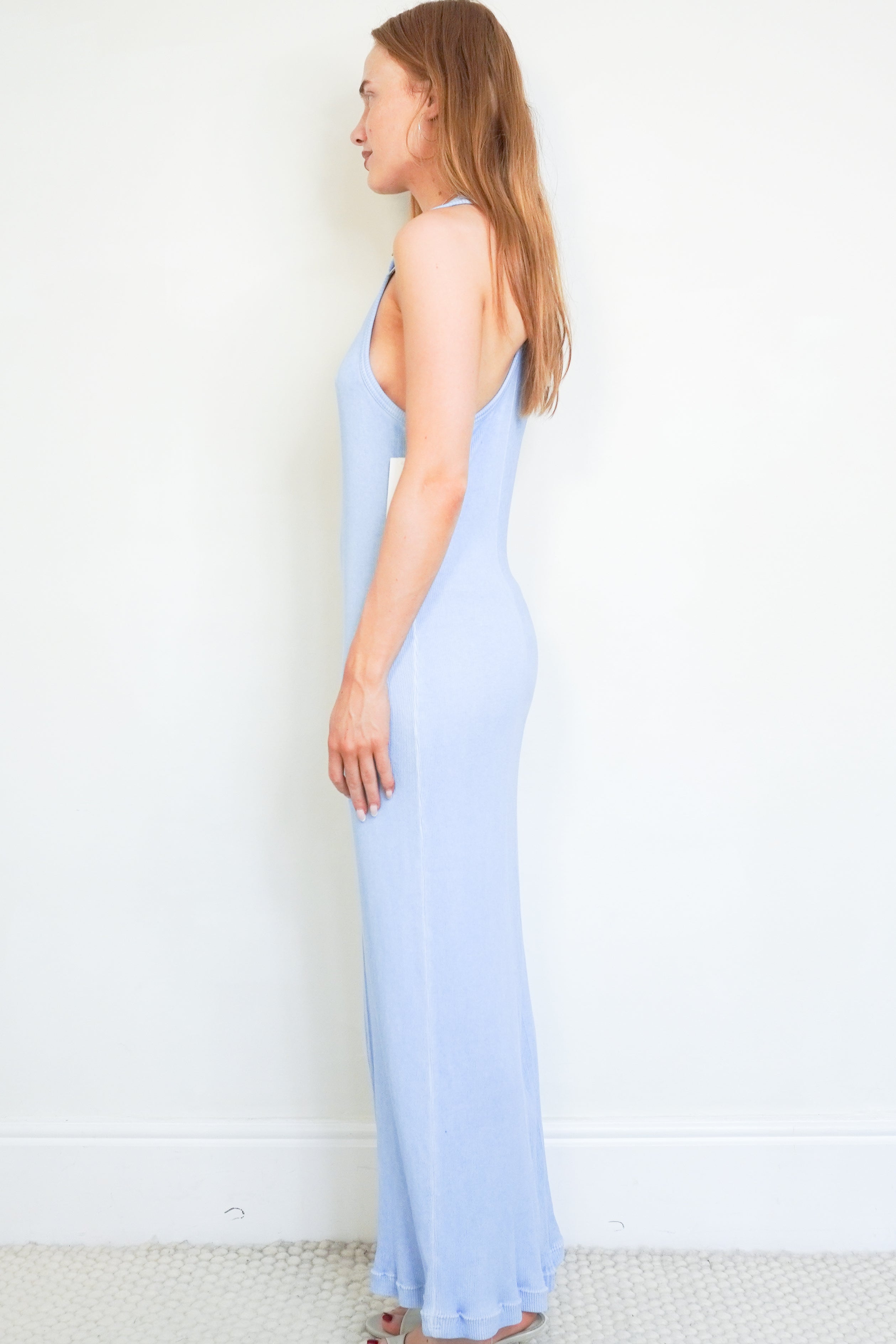 NEW Jean Paul Gaultier Baby Blue Ribbed Maxi Dress side photo chelsea london