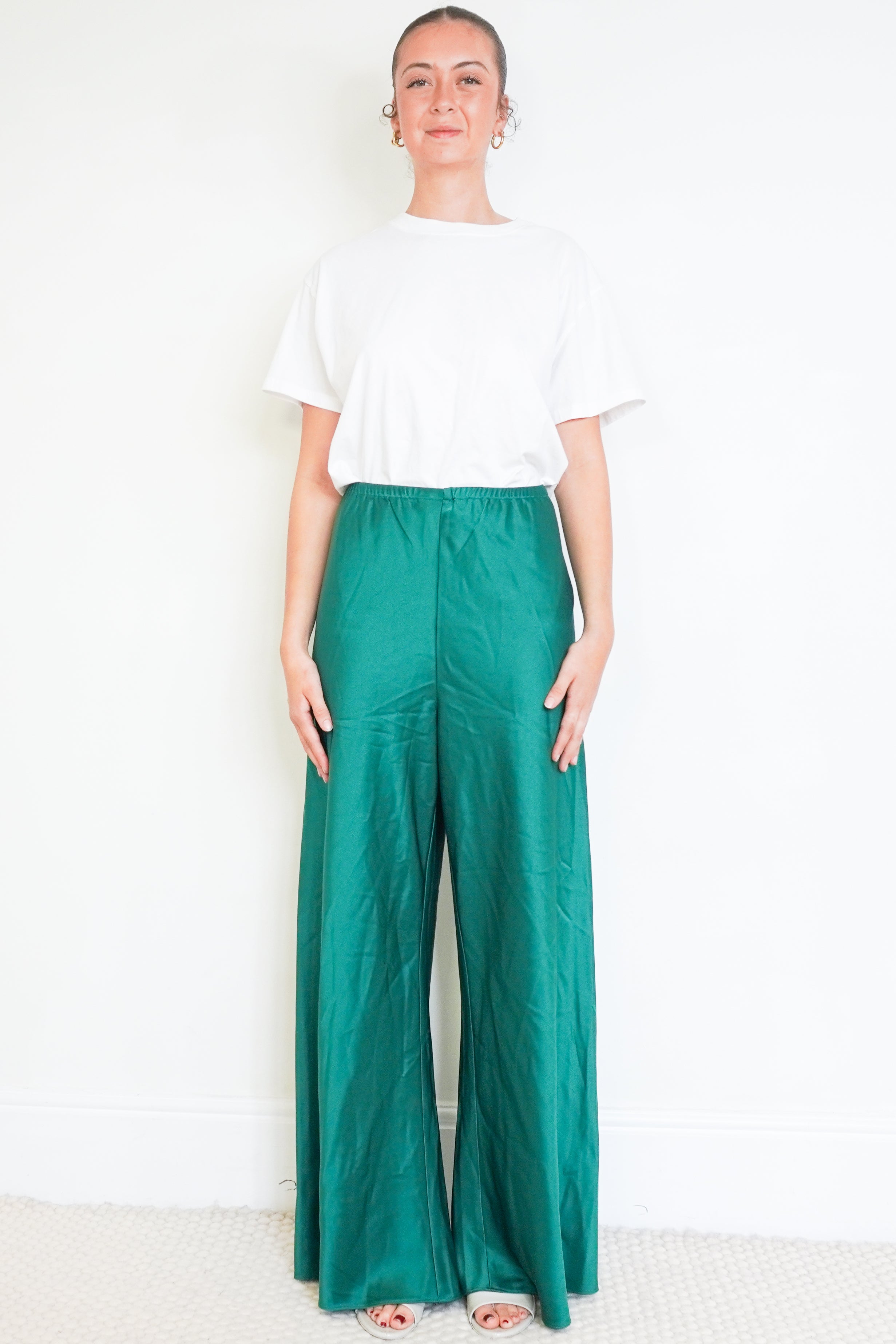 NEW La Ligne Green Satin Trousers front photo chelsea london 