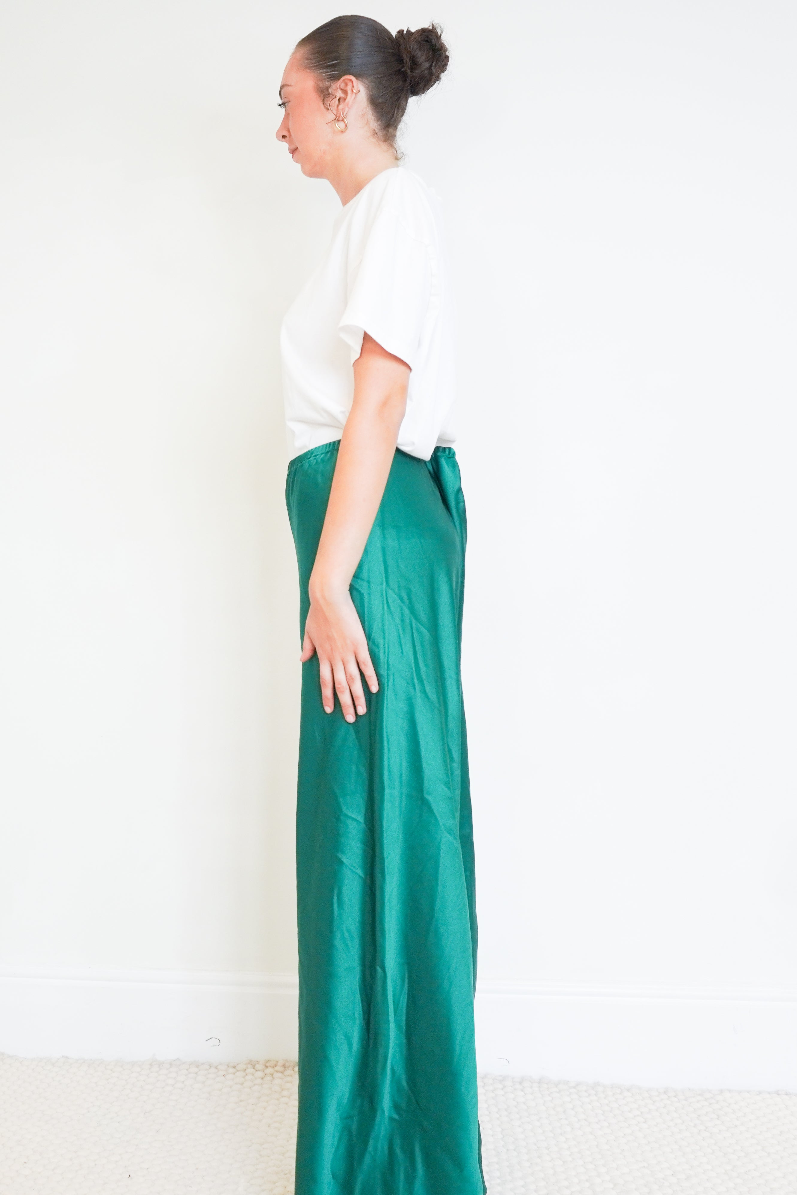 NEW La Ligne Green Satin Trousers side photo chelsea london 
