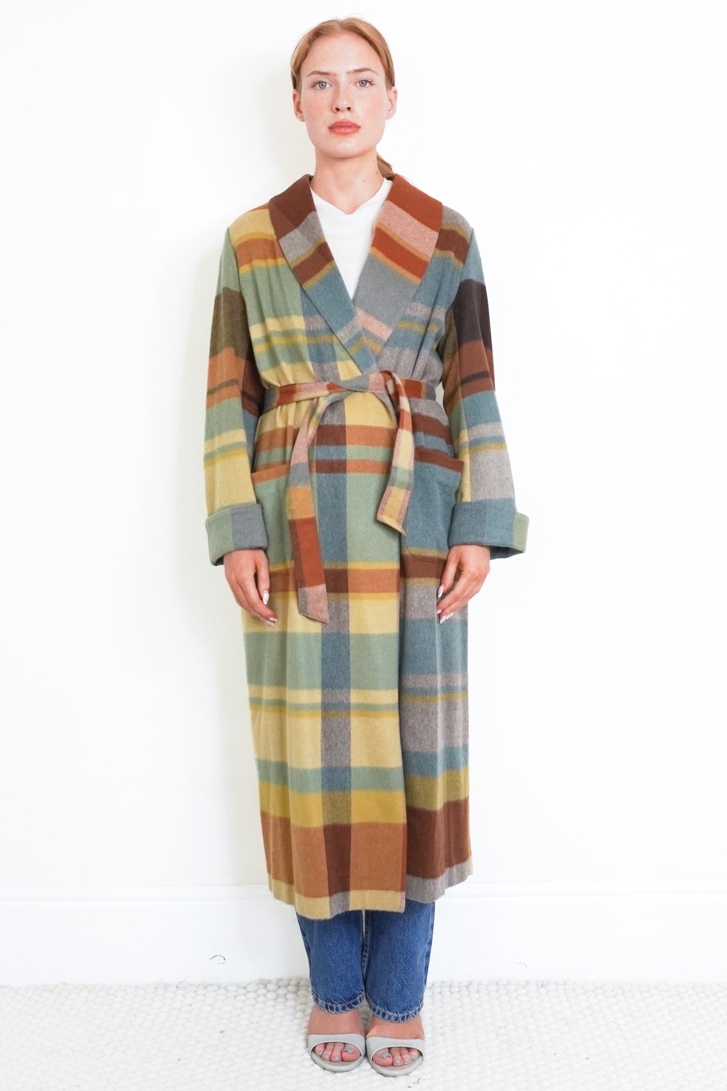 NEW Loro Piana Bovisa Royal Cashmere Robe Coat – Multicolour Check front photo chelsea london