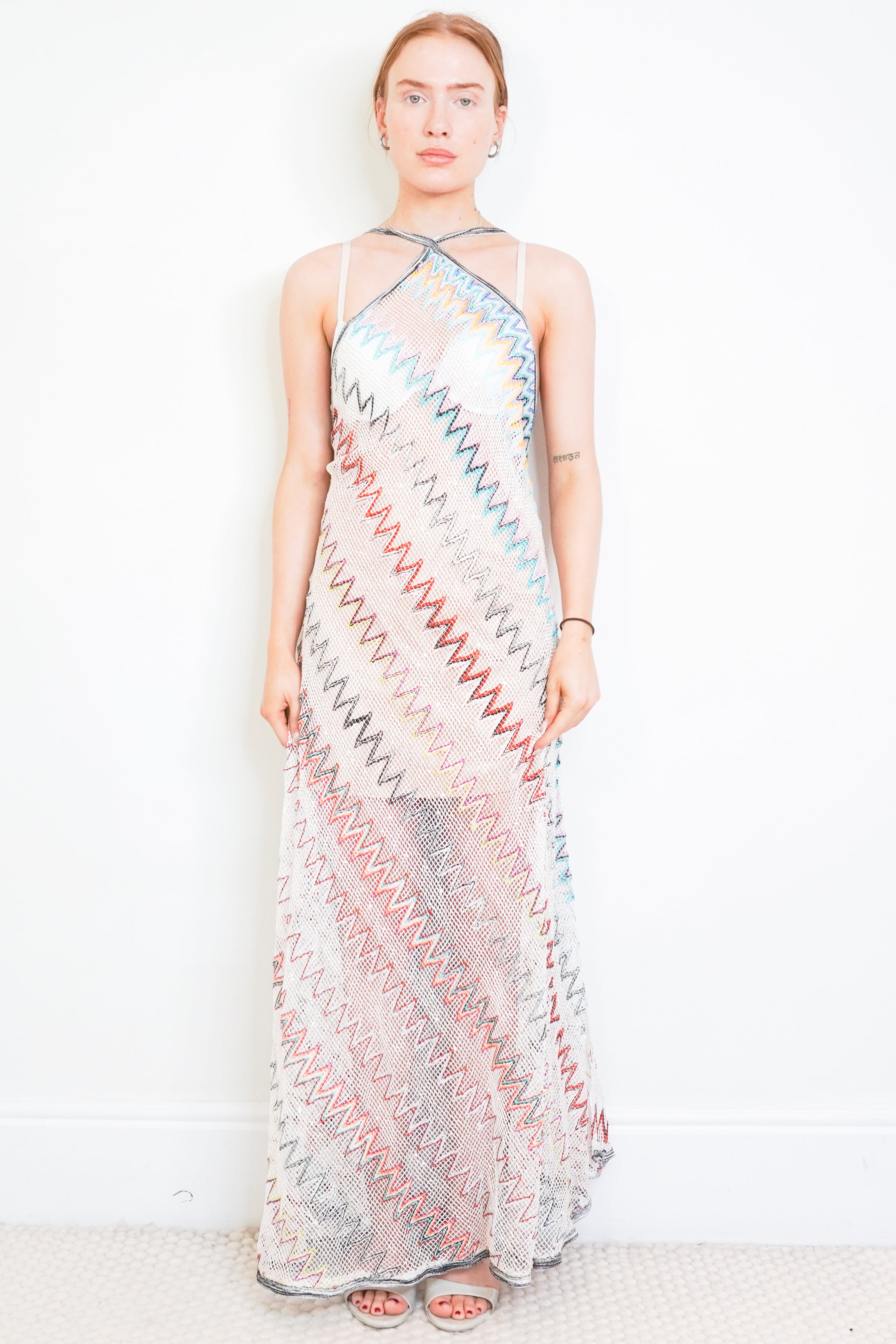 NEW Missoni Multicolour Zigzag Knit Halterneck Maxi Cover-Up Dress front photo chelsea london