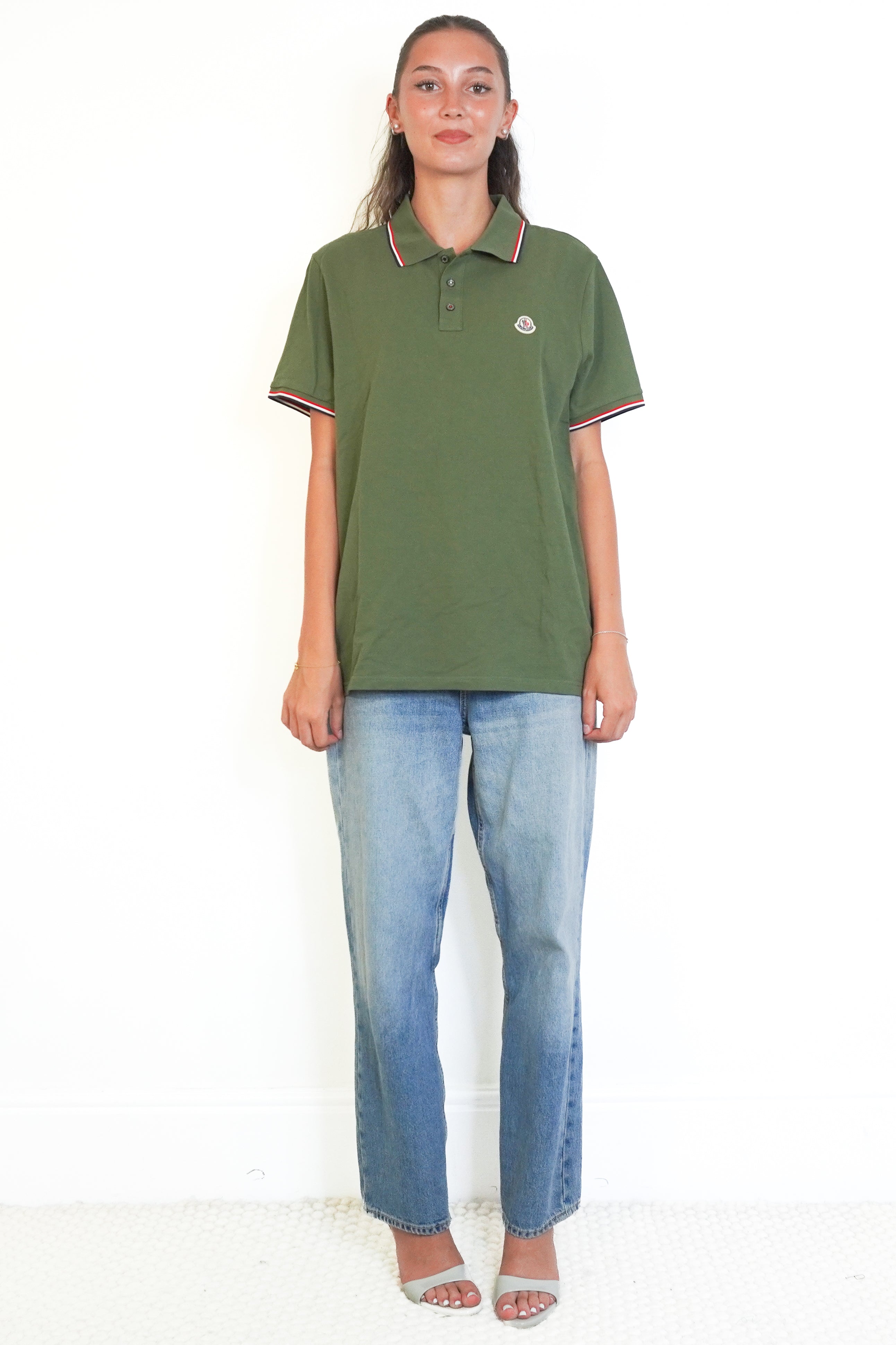 NEW Moncler SS Polo in Dark Green front photo chelsea london