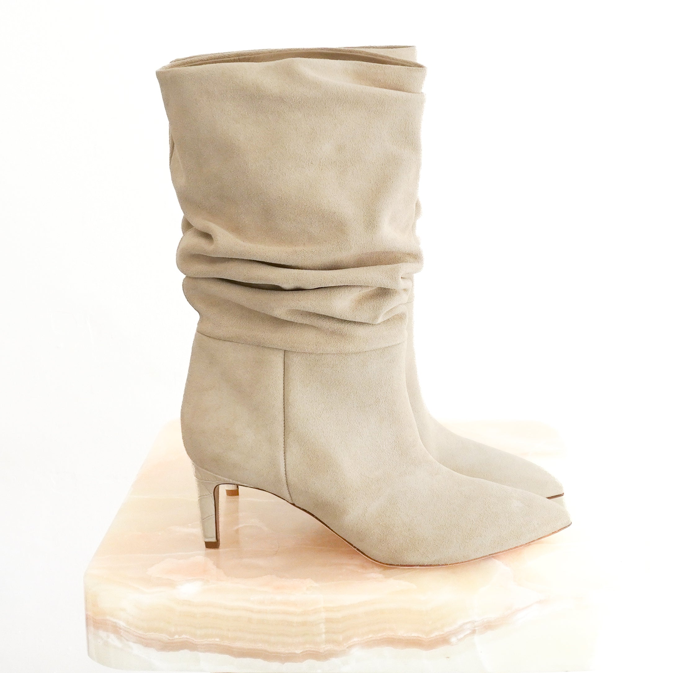 NEW Paris Texas Slouchy Suede Heeled Boots in Cream side photo chelsea london