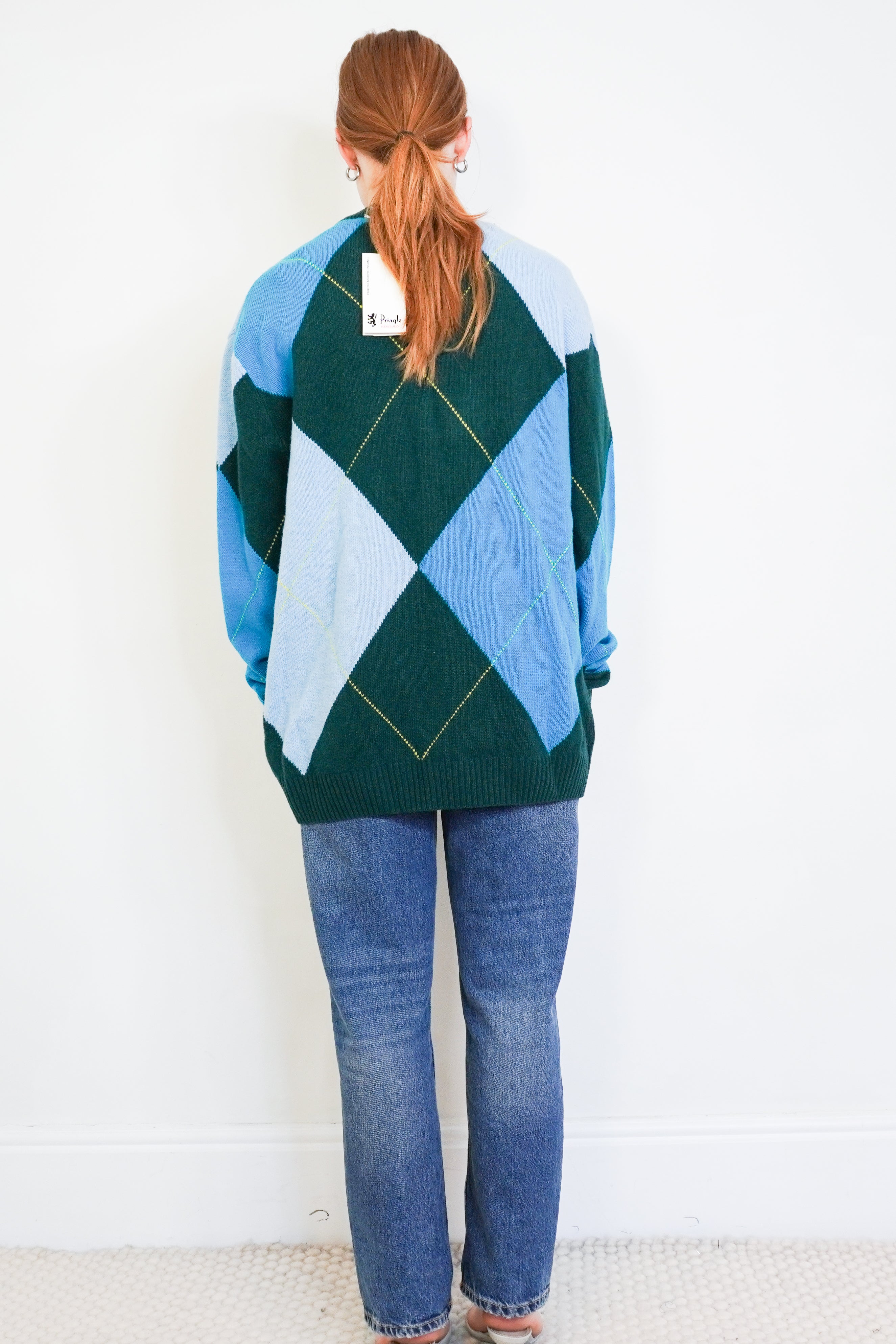 NEW Pringle of Scotland Reissued Large Scale Argyle Jumper in Green & Blue back photo chelsea london