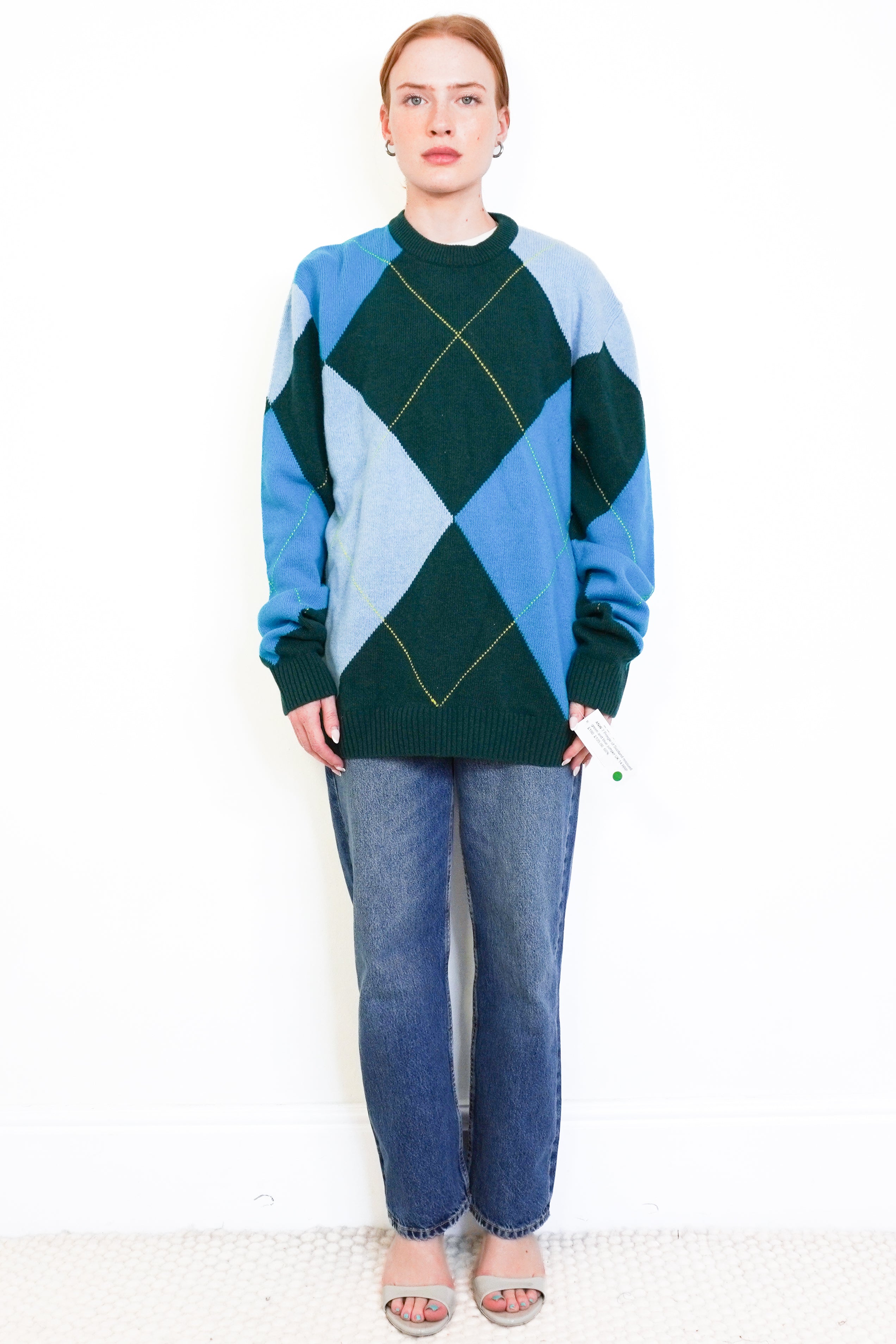 NEW Pringle of Scotland Reissued Large Scale Argyle Jumper in Green & Blue front photo chelsea london