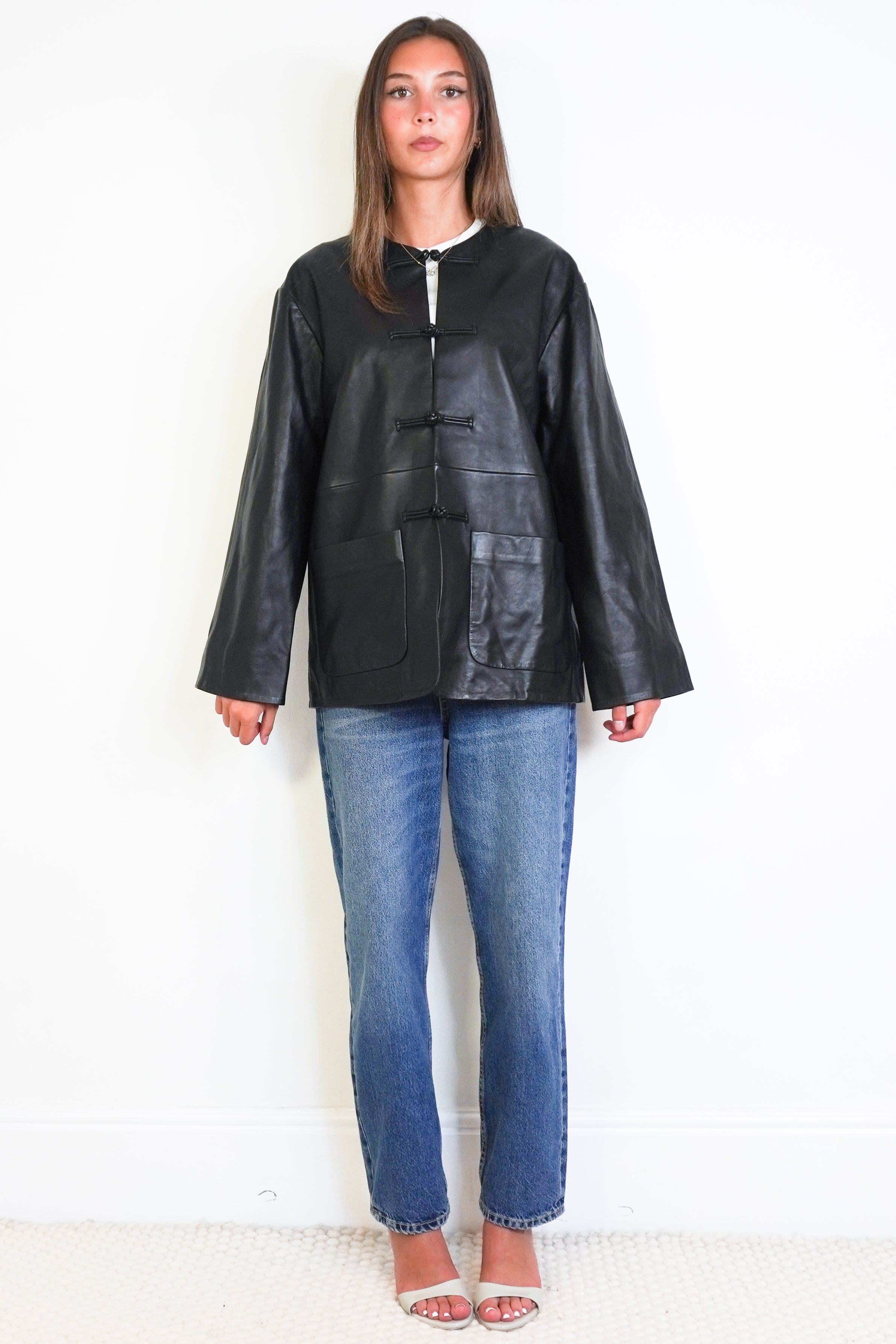 NEW Róhe Mandarin Closure Leather Jacket in Black front photo chelsea london