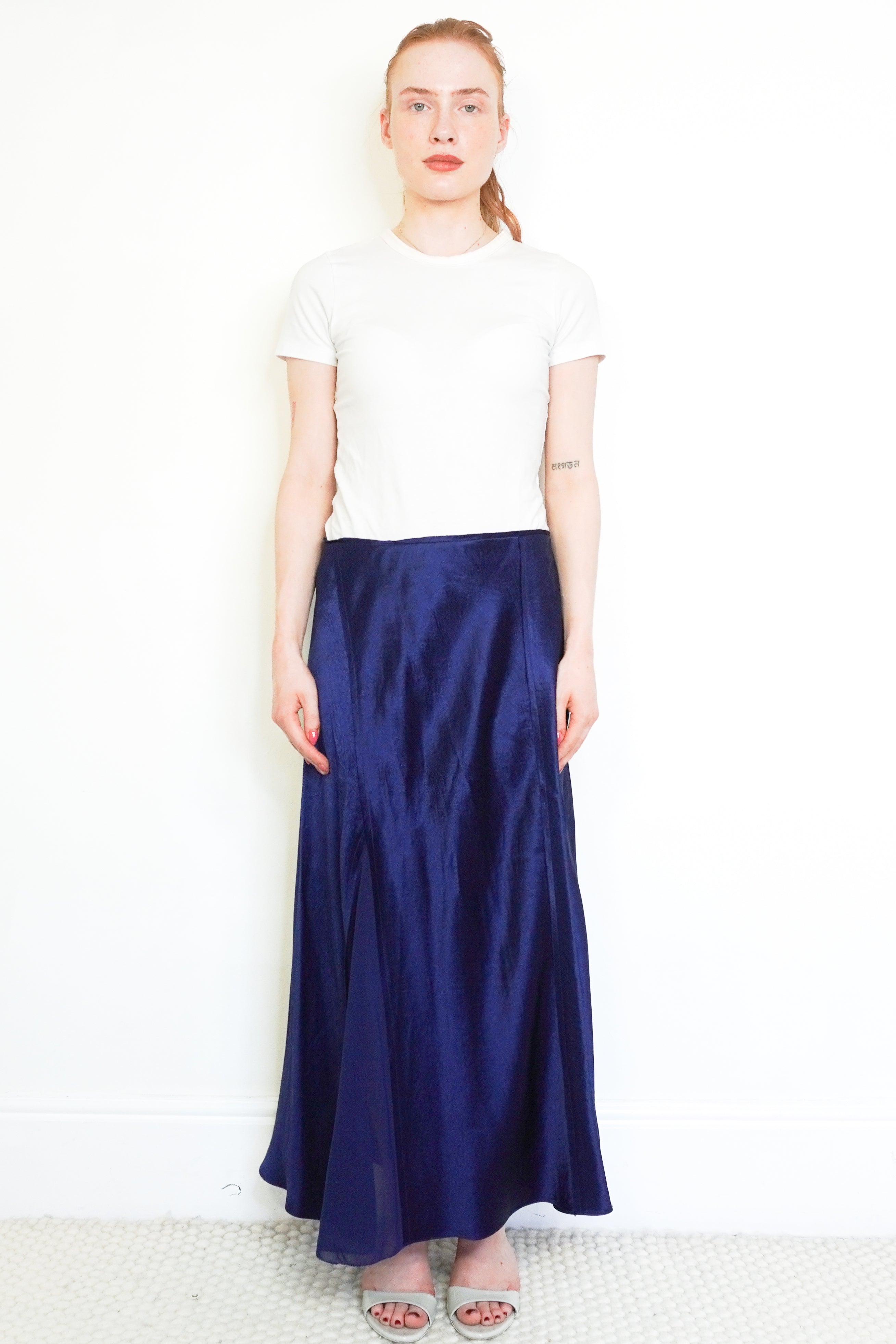 NEW Vince Navy Blue Satin Skirt front photo chelsea london