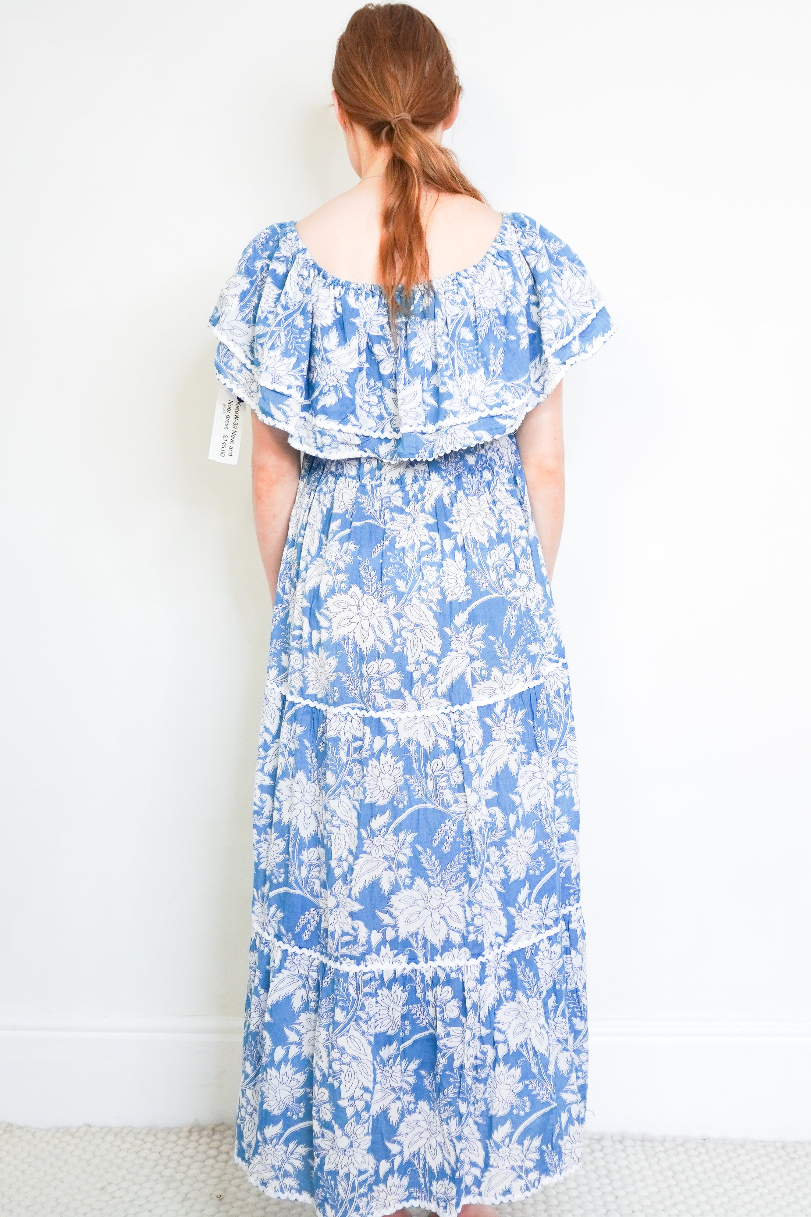 Neve &amp; Noor Lottie Blue Meadow Floral Cotton Maxi Dress back photo chelsea london