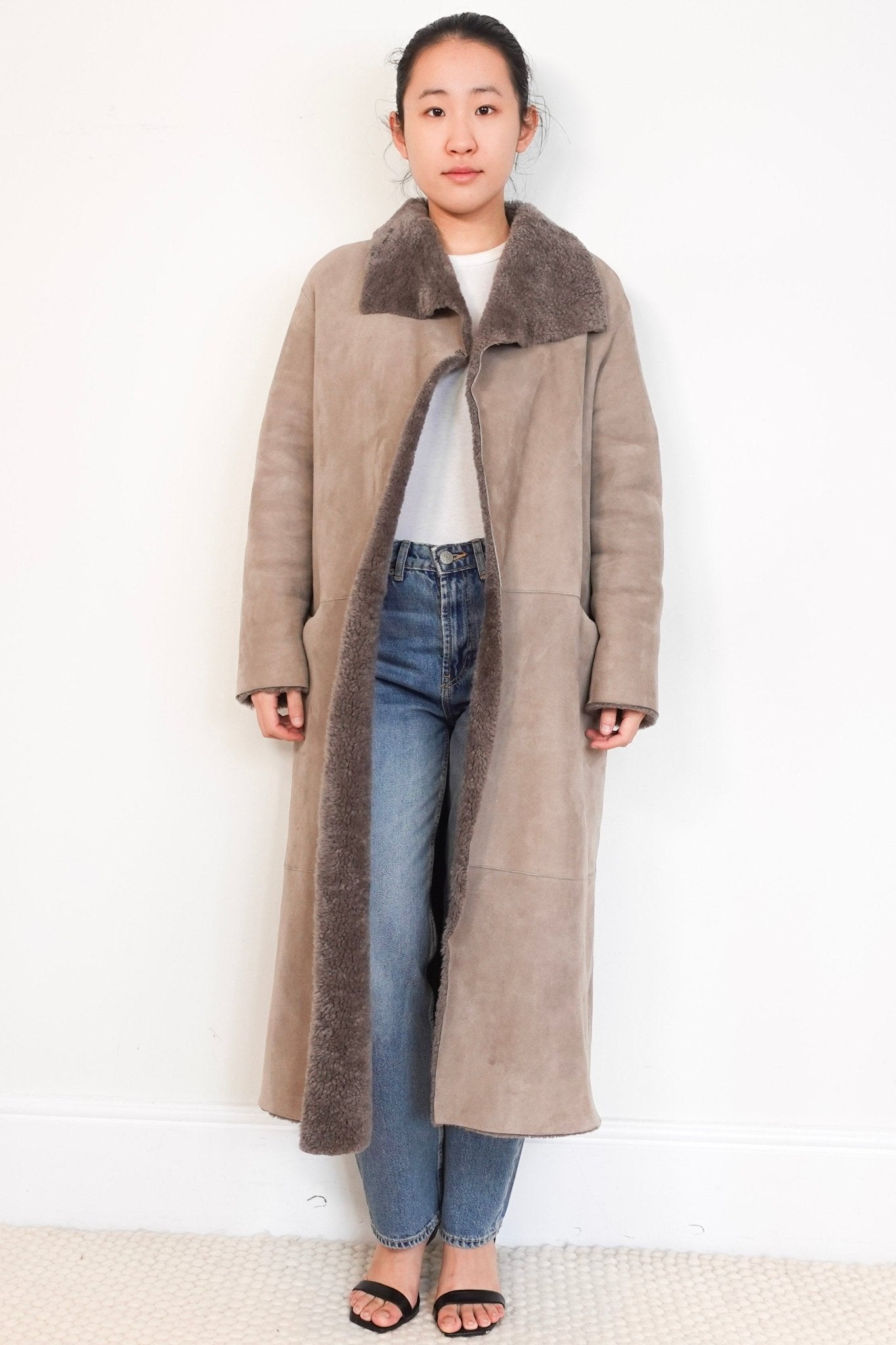 Nour Hammour Taupe Grey Sheepskin Maxi Coat RRP £2000 | Authentic Preloved - Reloved Again