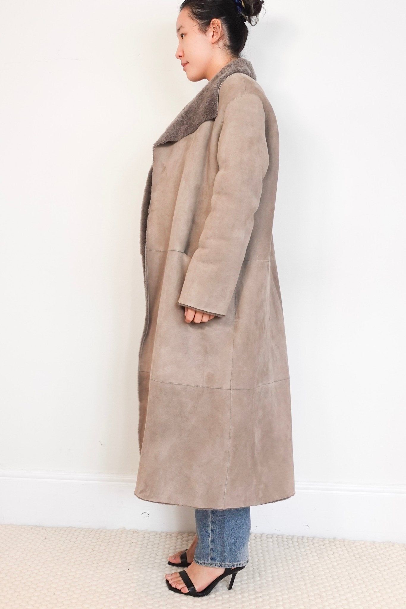 Nour Hammour Taupe Grey Sheepskin Maxi Coat RRP £2000 | Authentic Preloved - Reloved Again