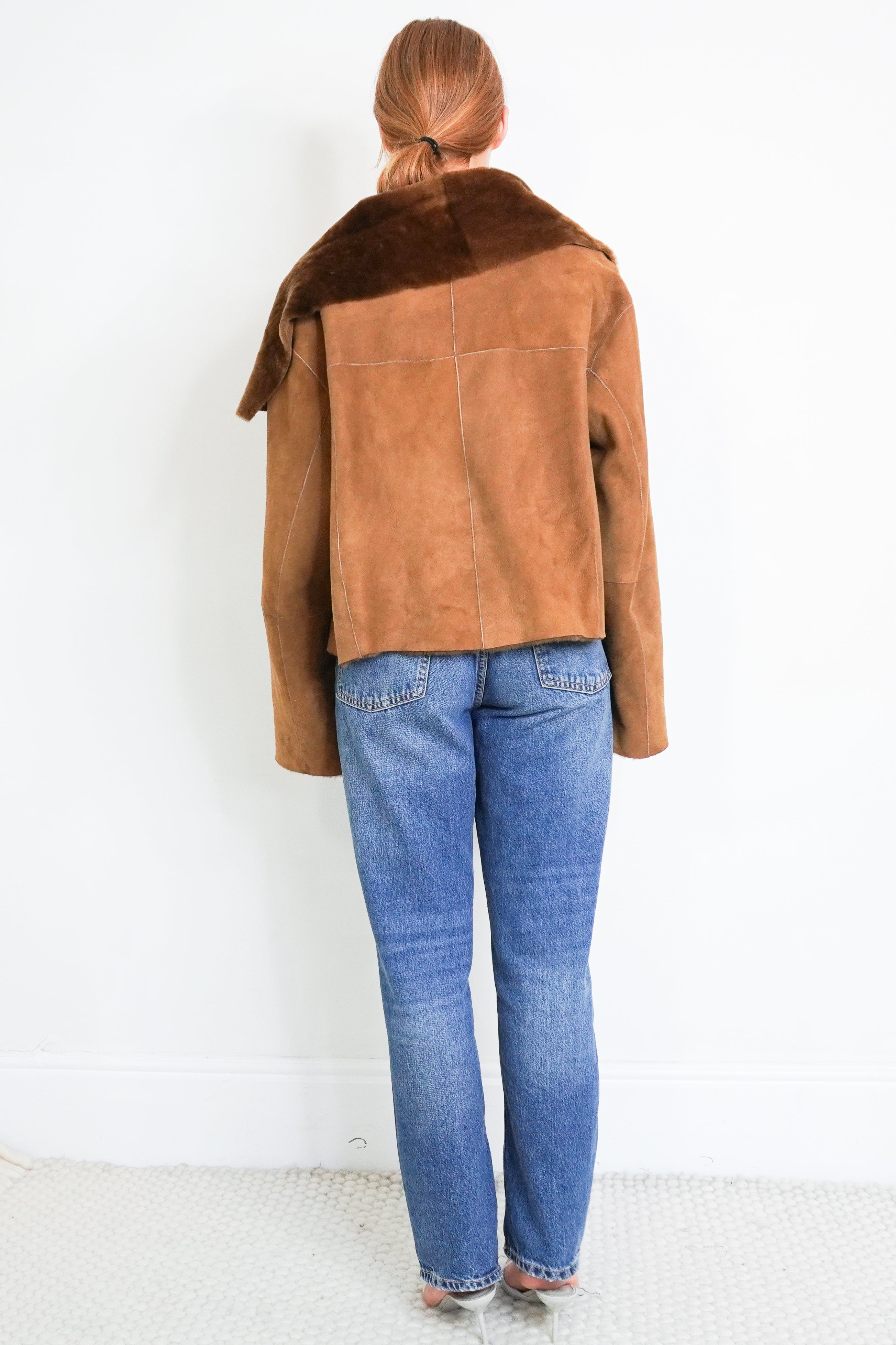 Nour Hammour Brown Lambskin Shearling Cropped Jacket back photo chelsea london