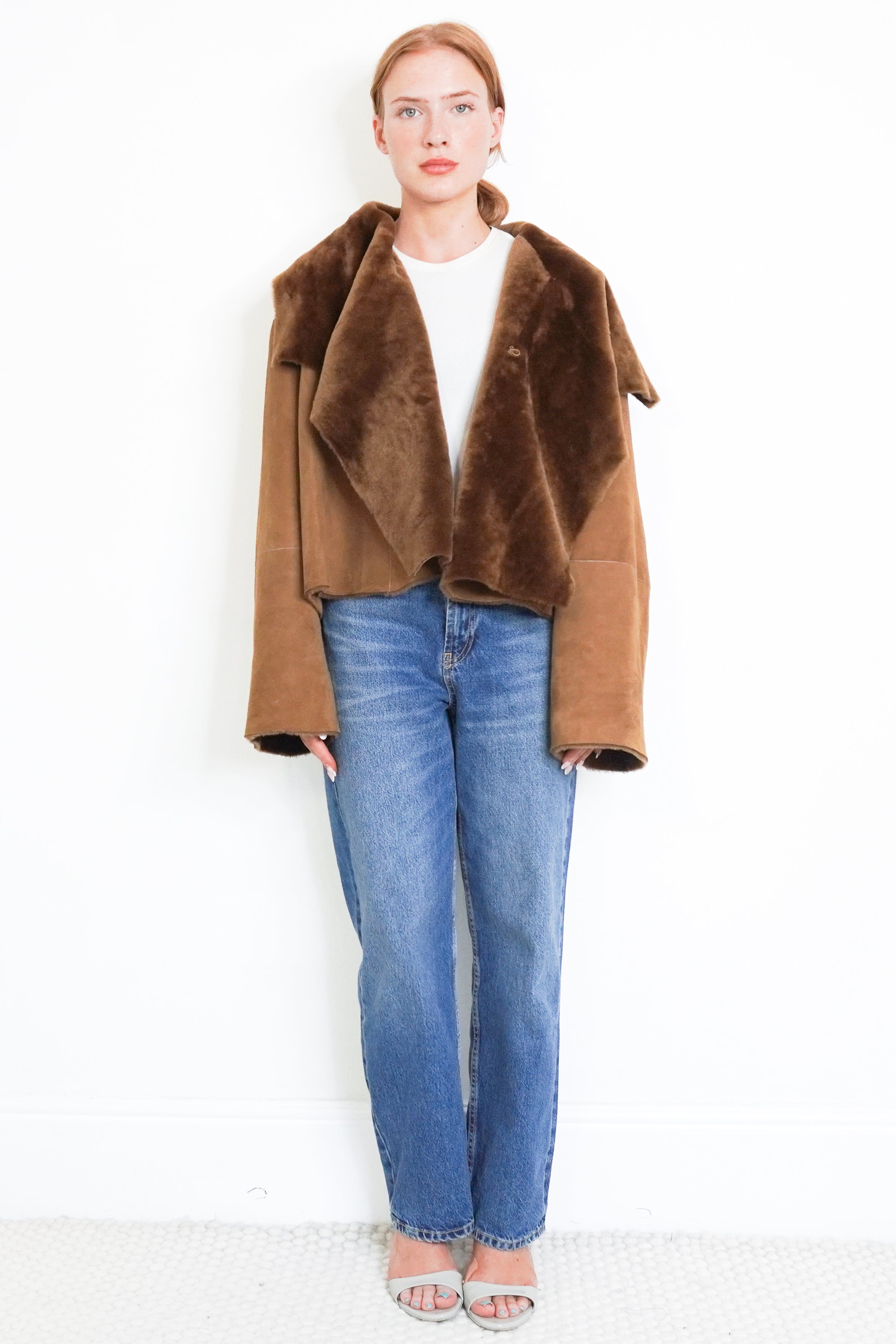 Nour Hammour Brown Lambskin Shearling Cropped Jacket front photo chelsea london