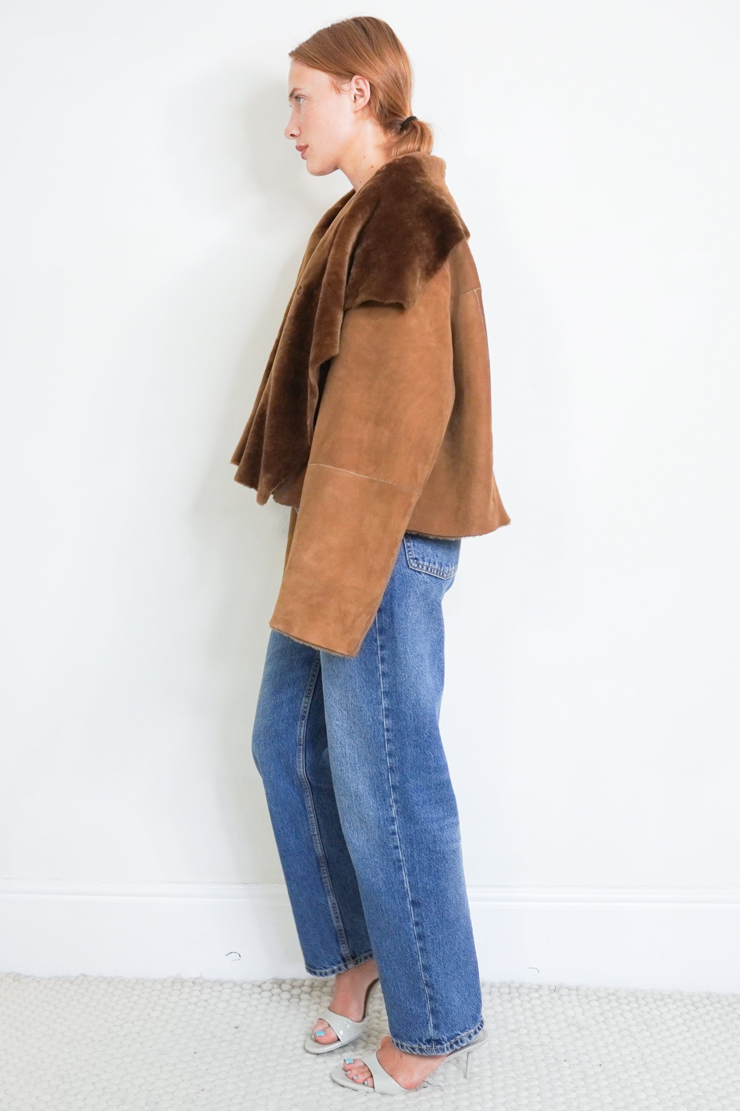 Nour Hammour Brown Lambskin Shearling Cropped Jacket side photo chelsea london
