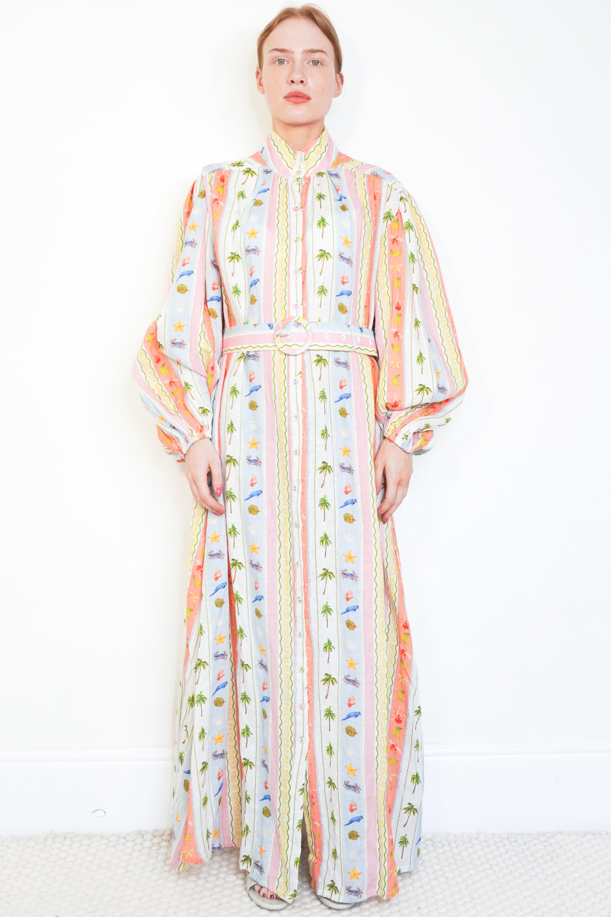 Palm. Noosa Blue, Pink and White Palm Tree Linen Dress front photo chelsea london