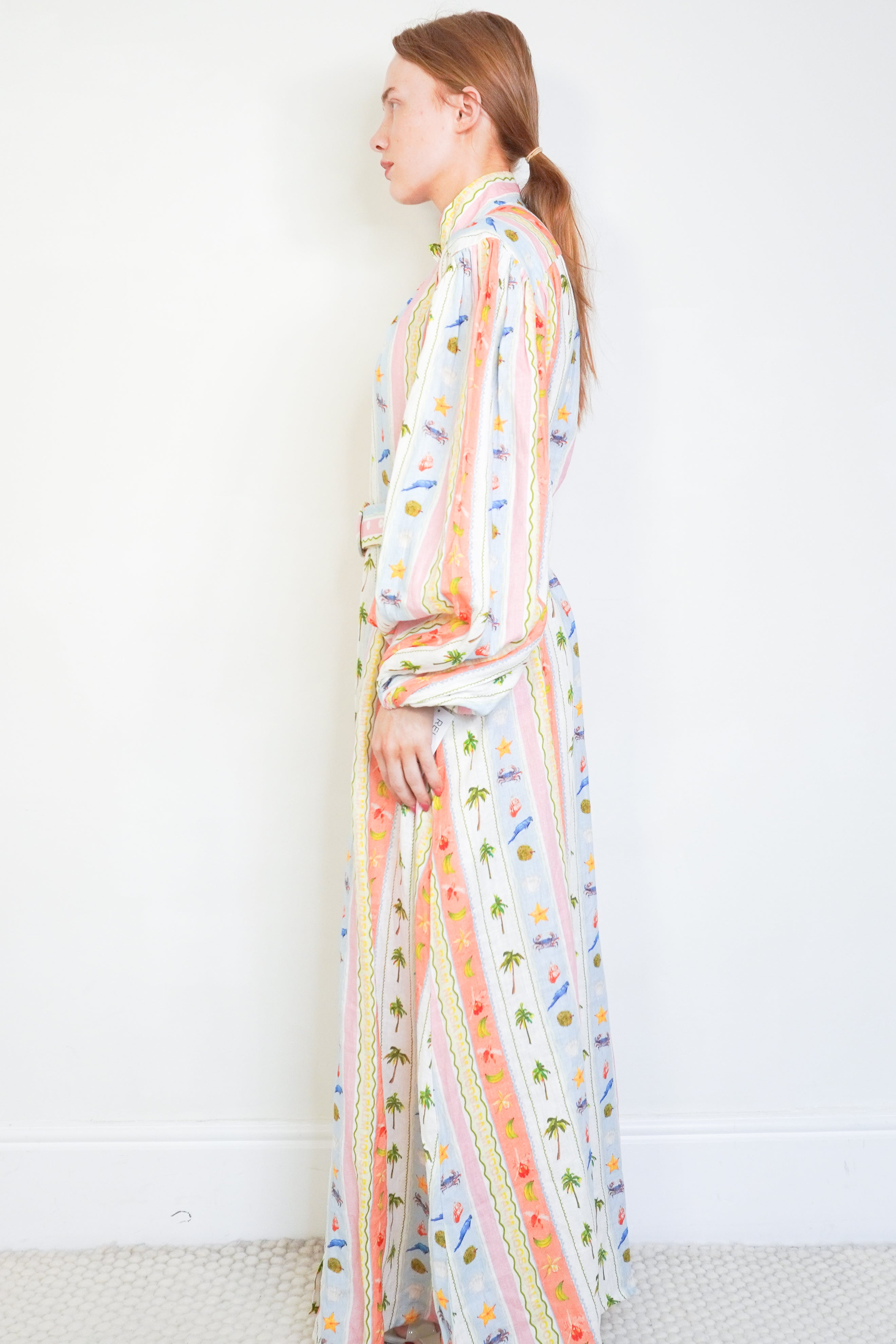 Palm. Noosa Blue, Pink and White Palm Tree Linen Dress side photo chelsea london