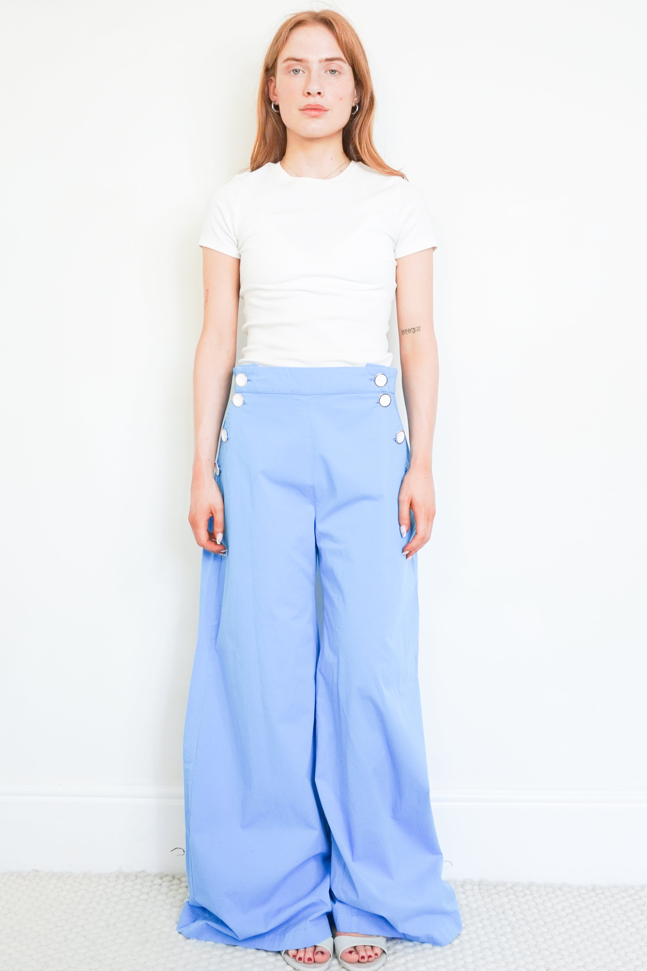Paolita Powder Blue Wide Leg Cotton Trousers front photo chelsea london