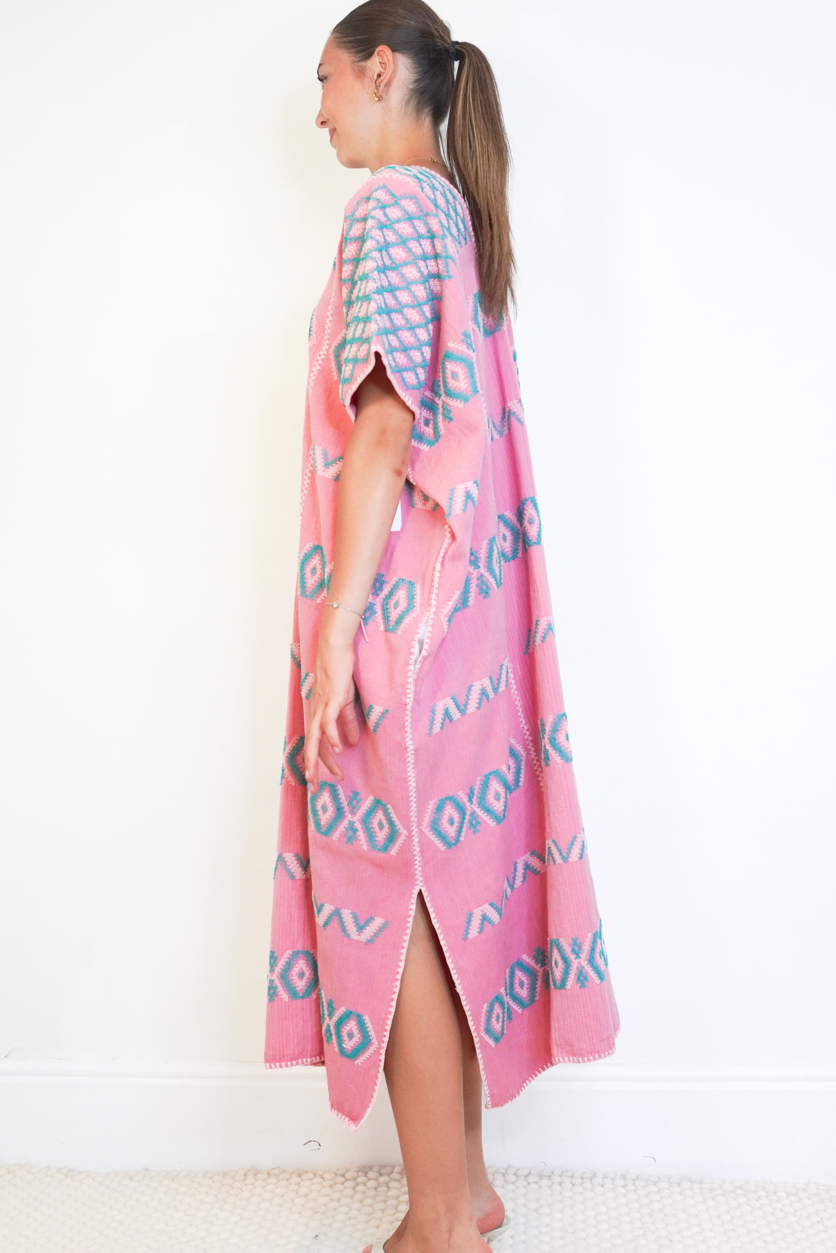 Pippa Holt Kaftan No.518 Pink &amp; Green Three-Panel Midi Kaftan side photo chelsea london