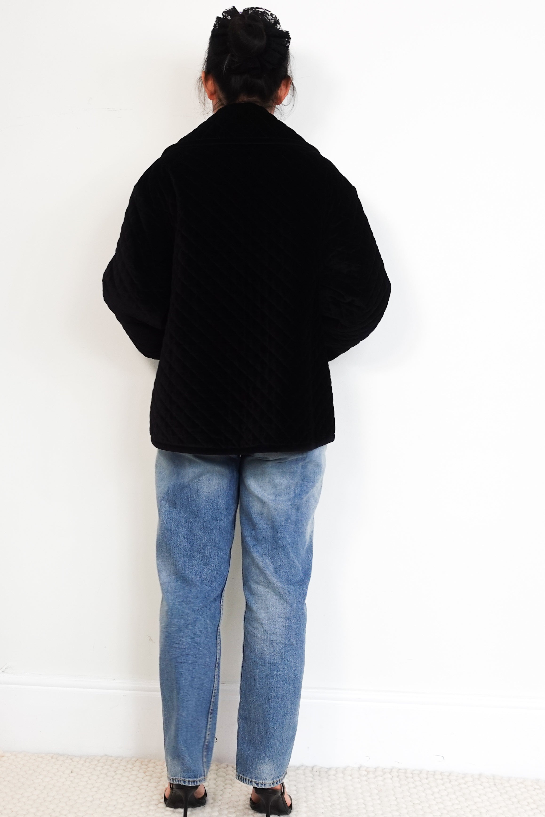 Posse-Black-Velvet-Quilted-Markey-Padded-Jacket-back-picture-Chelsea-London