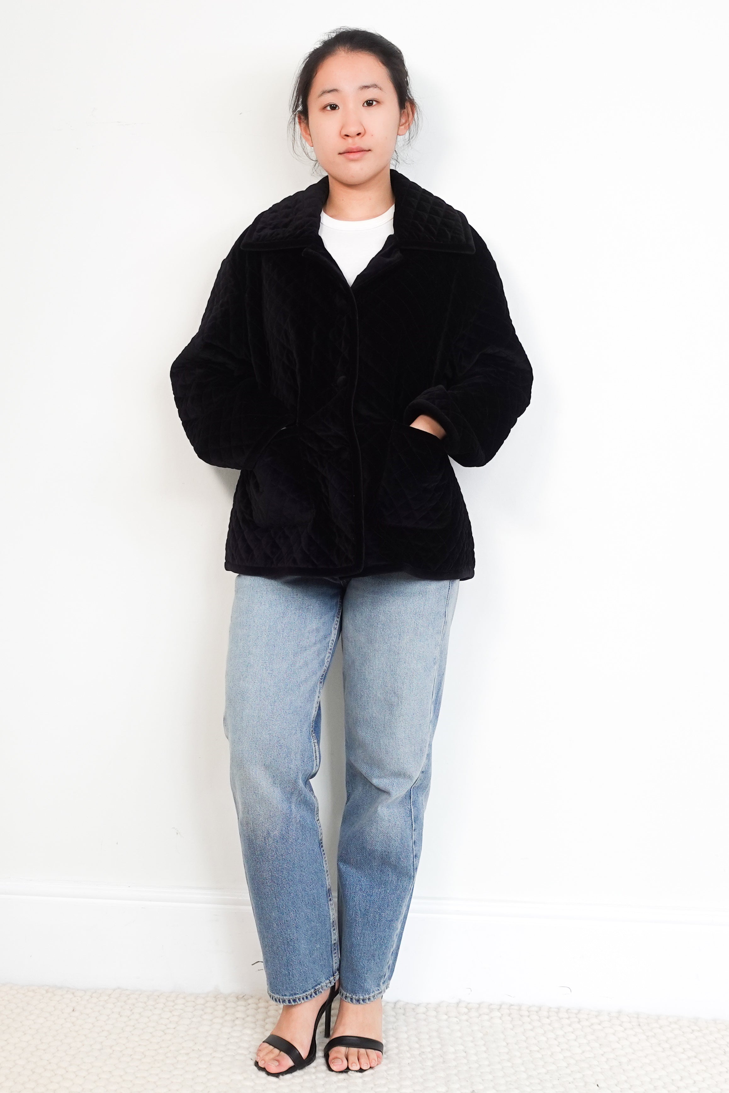 Posse-Black-Velvet-Quilted-Markey-Padded-Jacket-front-picture-Chelsea-London