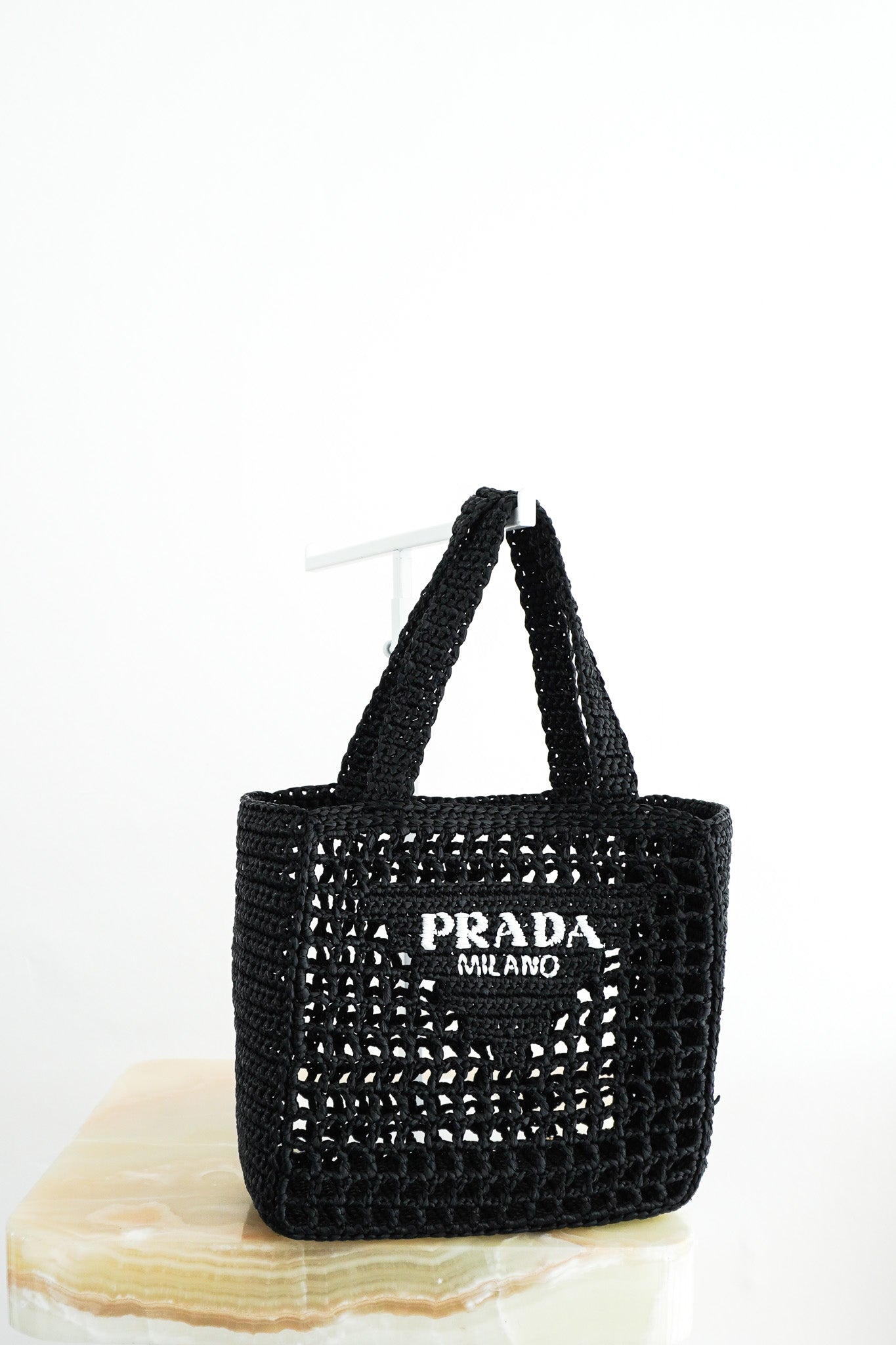 Prada Crochet Raffia Tote in Black RRP £1450 | Authentic and Preloved - Reloved Again