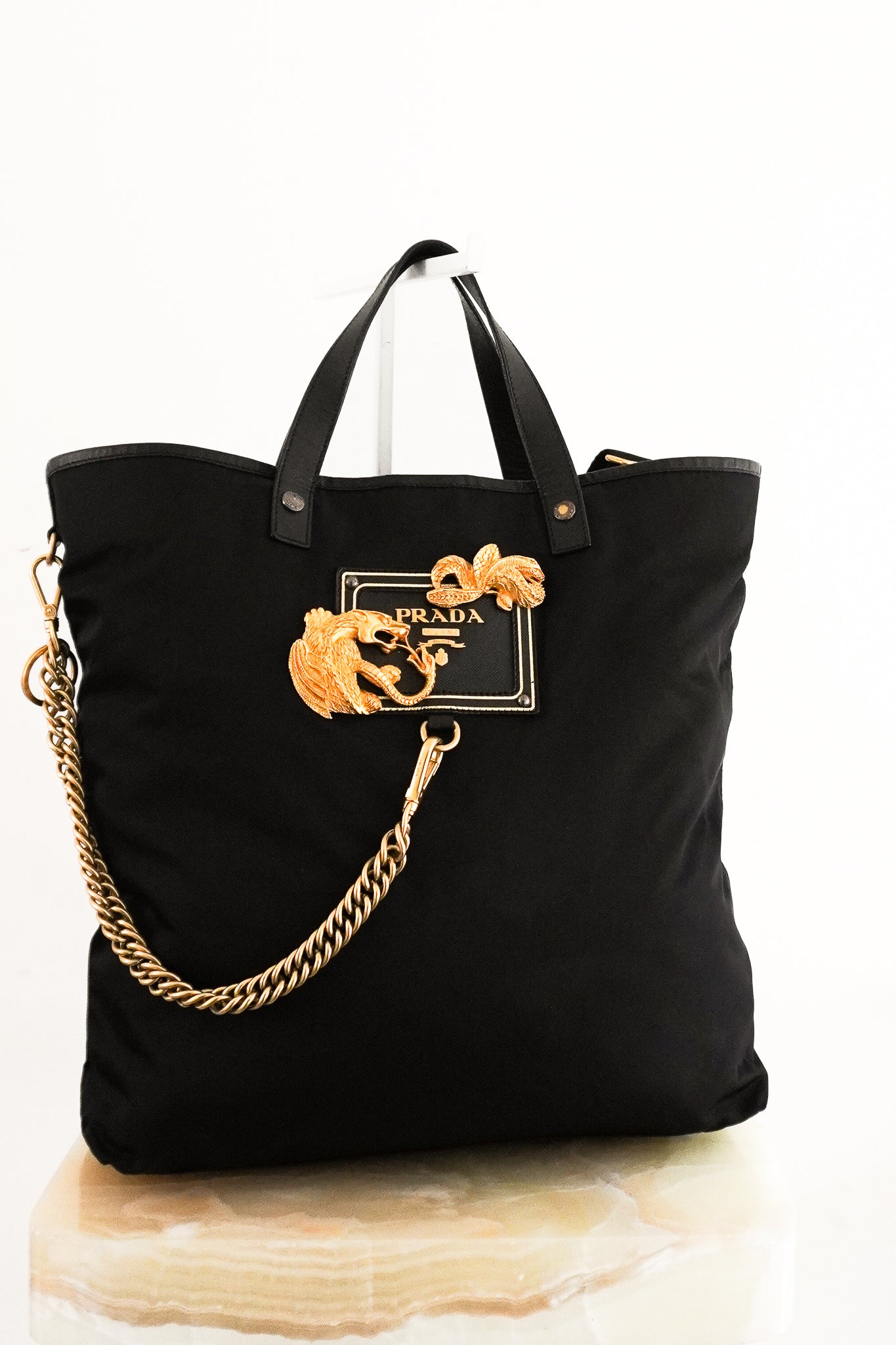 Prada Dragon Motif Nylon Tote Bag in Black chelsea london