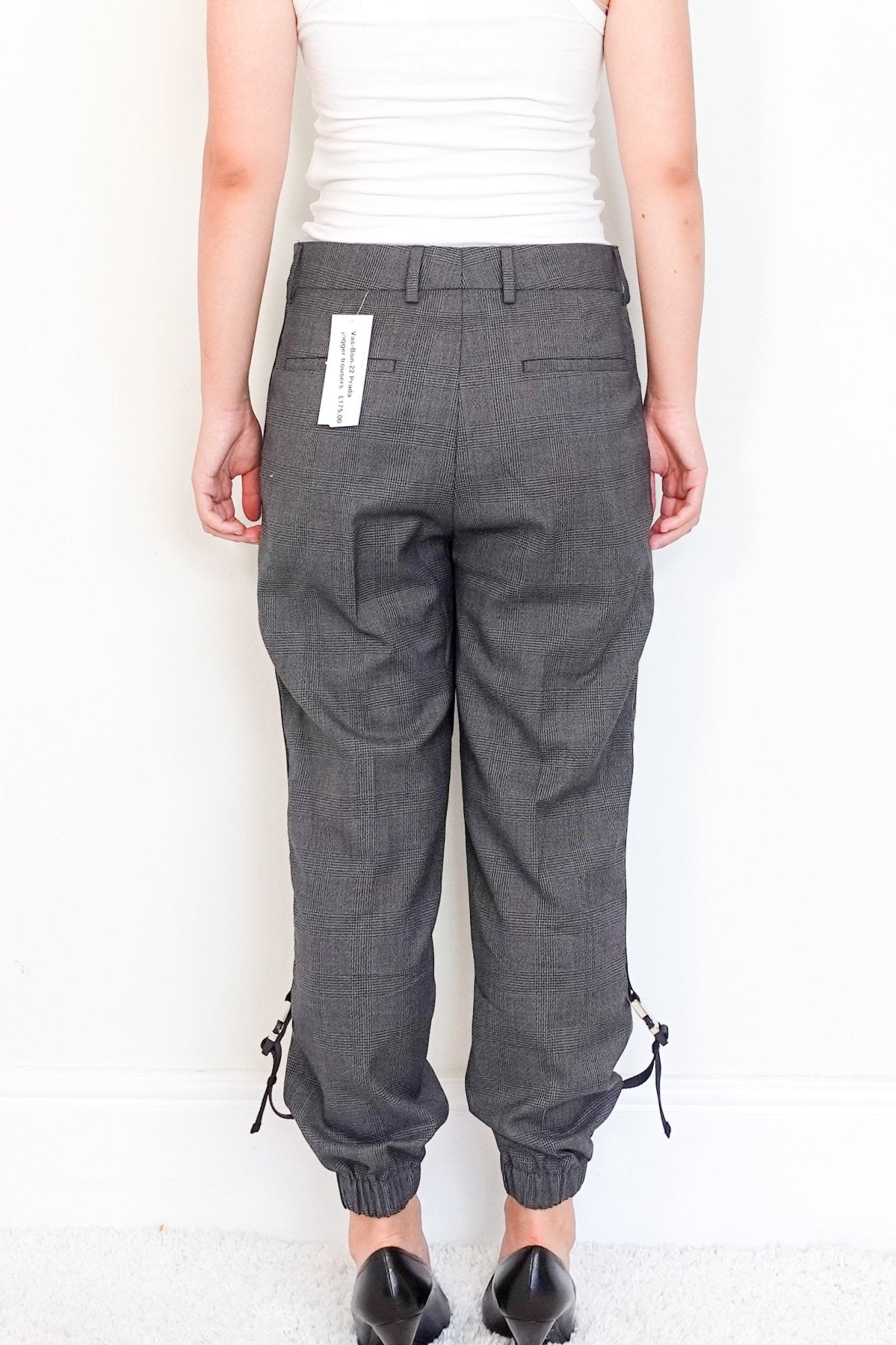 Prada Grey Herringbone Cuffed Jogger Trousers with Metal Buckles RRP £1.5K | Authentic Preloved - Reloved Again