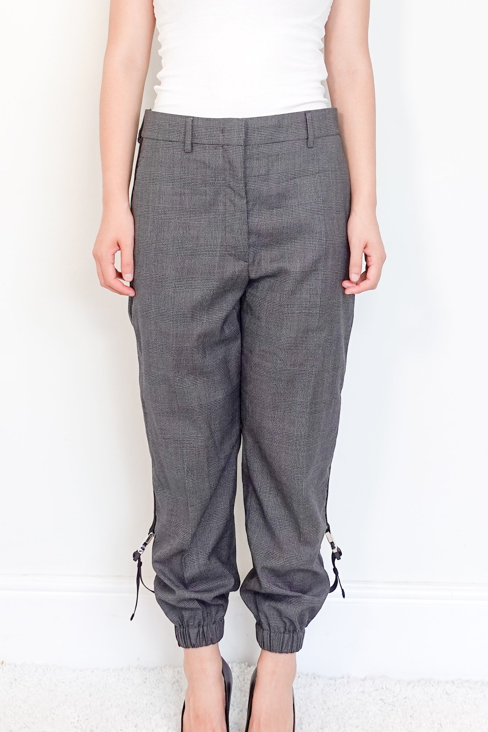 Prada-Grey-Herringbone-Cuffed-Jogger-Trousers-with-Metal-Buckles-front-picture