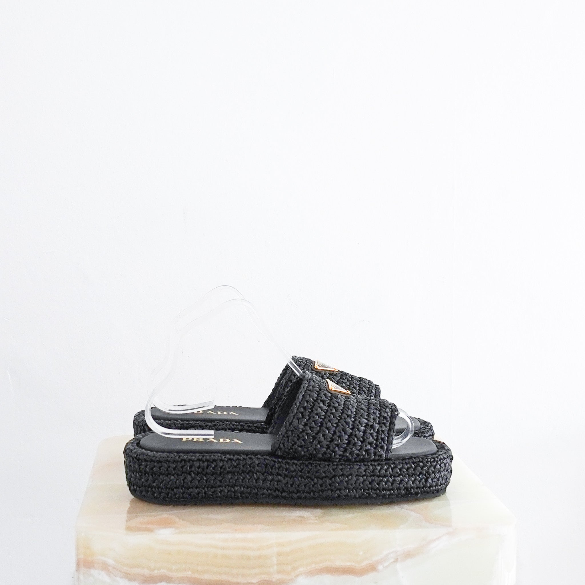 Prada Raffia Crochet Flatform Slides in Black RRP £790 | Authentic Preloved - Reloved Again