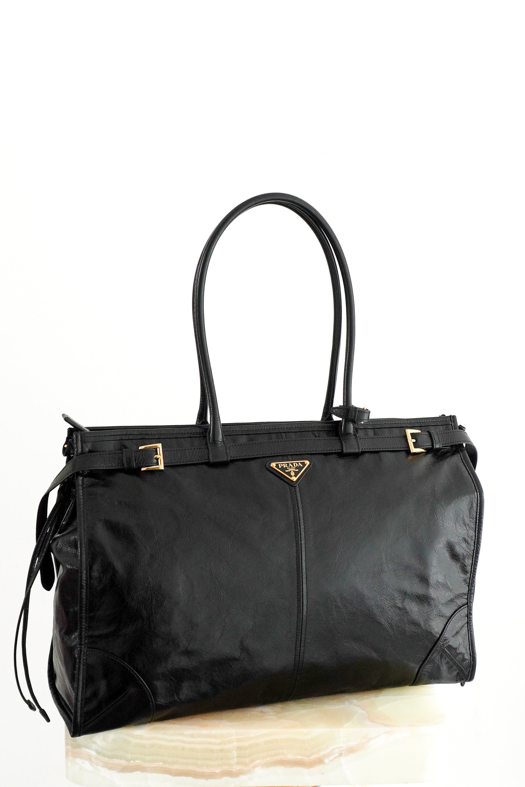Prada Bonnie Extra-Large Leather Bag in Black front photo chelsea london