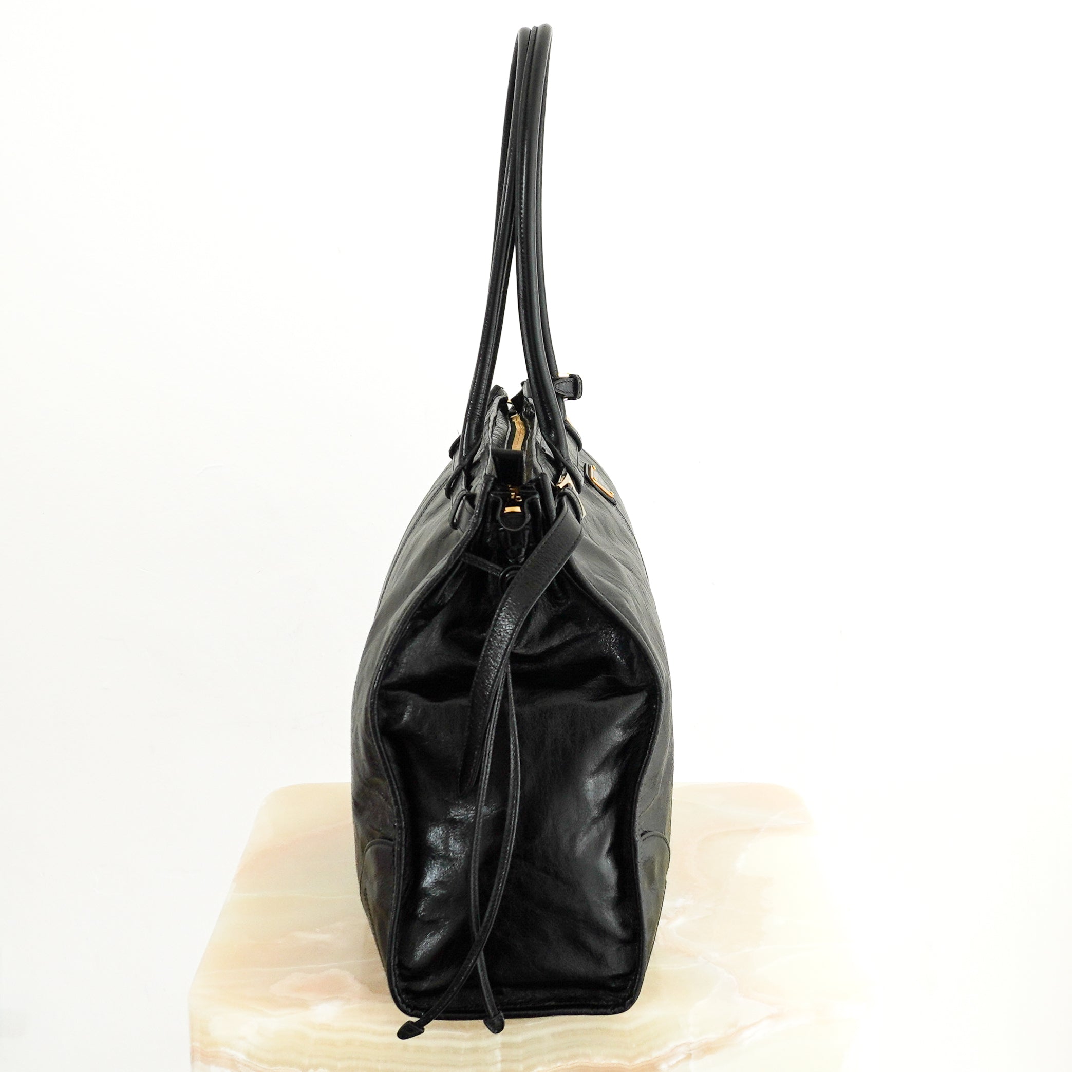 Prada Bonnie Extra-Large Leather Bag in Black side photo chelsea london