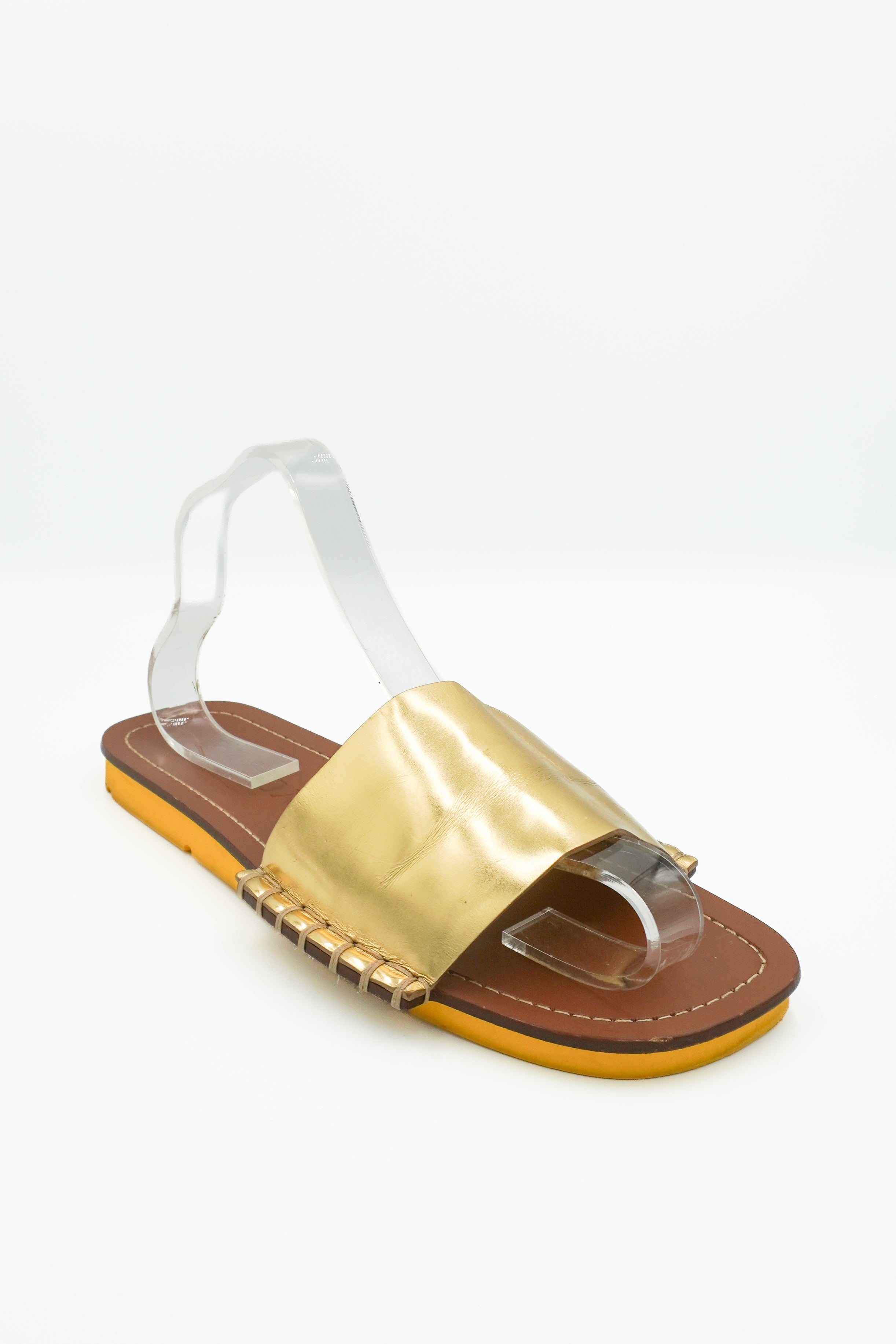 Prada Lightning Metallic Leather Slide Sandals in Gold front photo chelsea london