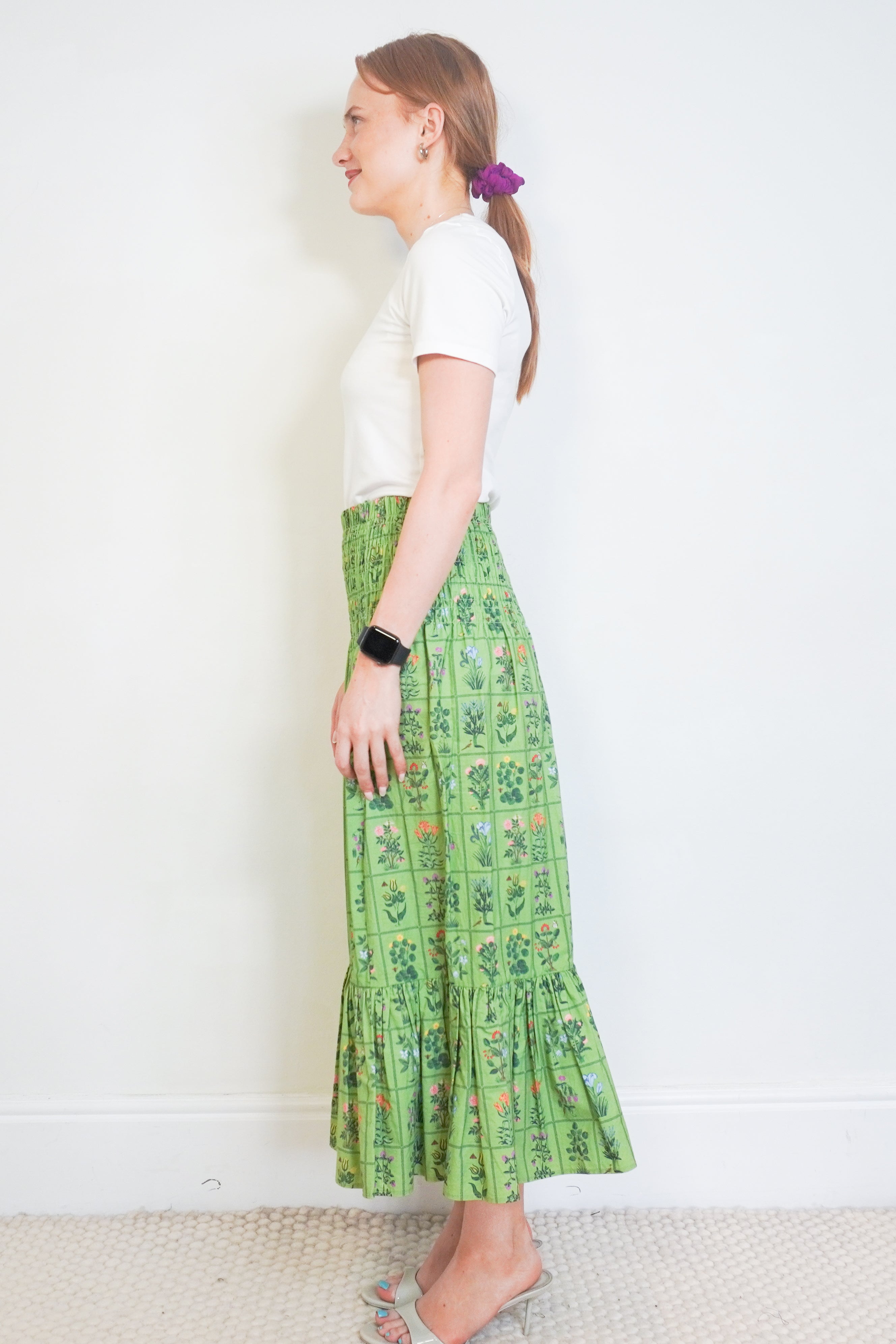 RHODE Green Floral Print Cotton Midi Skirt side photo chelsea london