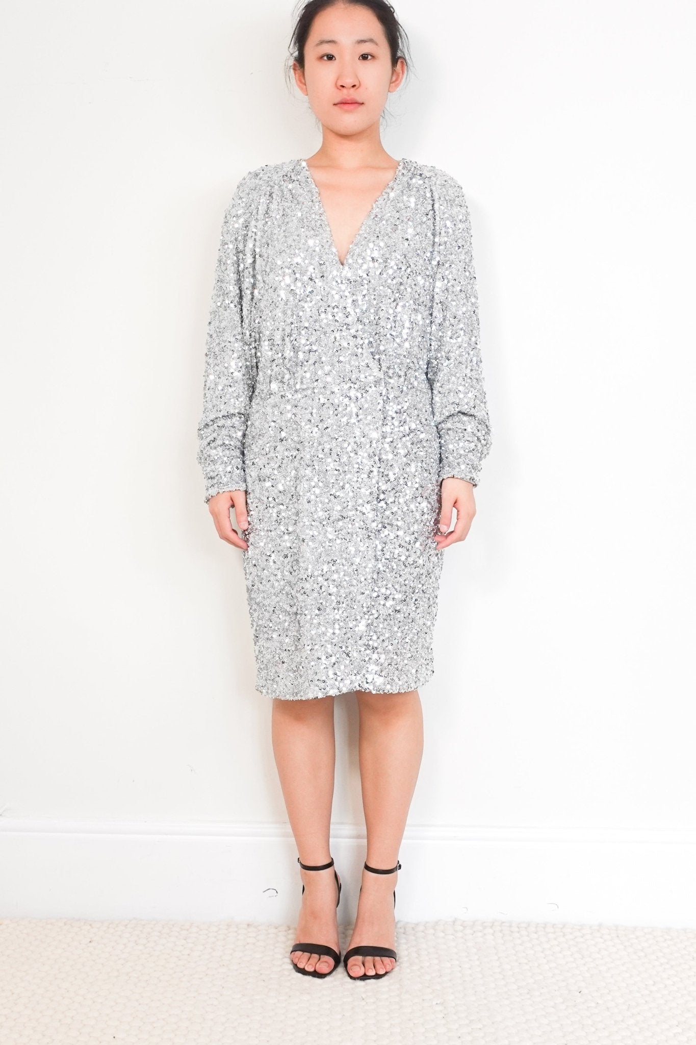 ROTATE Silver Sequin V - Neck Midi Dress RRP £375 | Authentic Preloved - Reloved Again