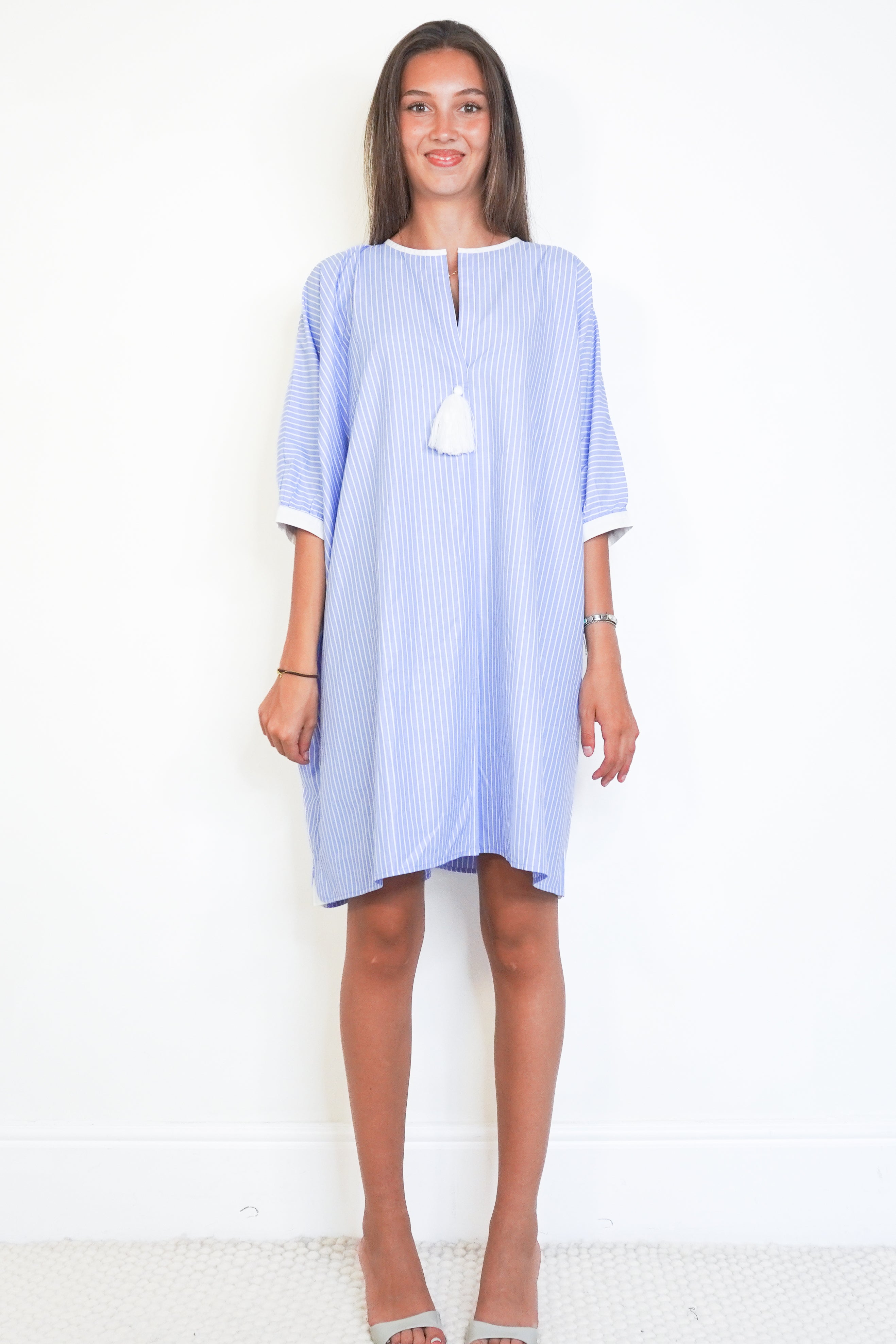 Rae Feather Blue Striped Grecian Shirt Dress front photo chelsea london
