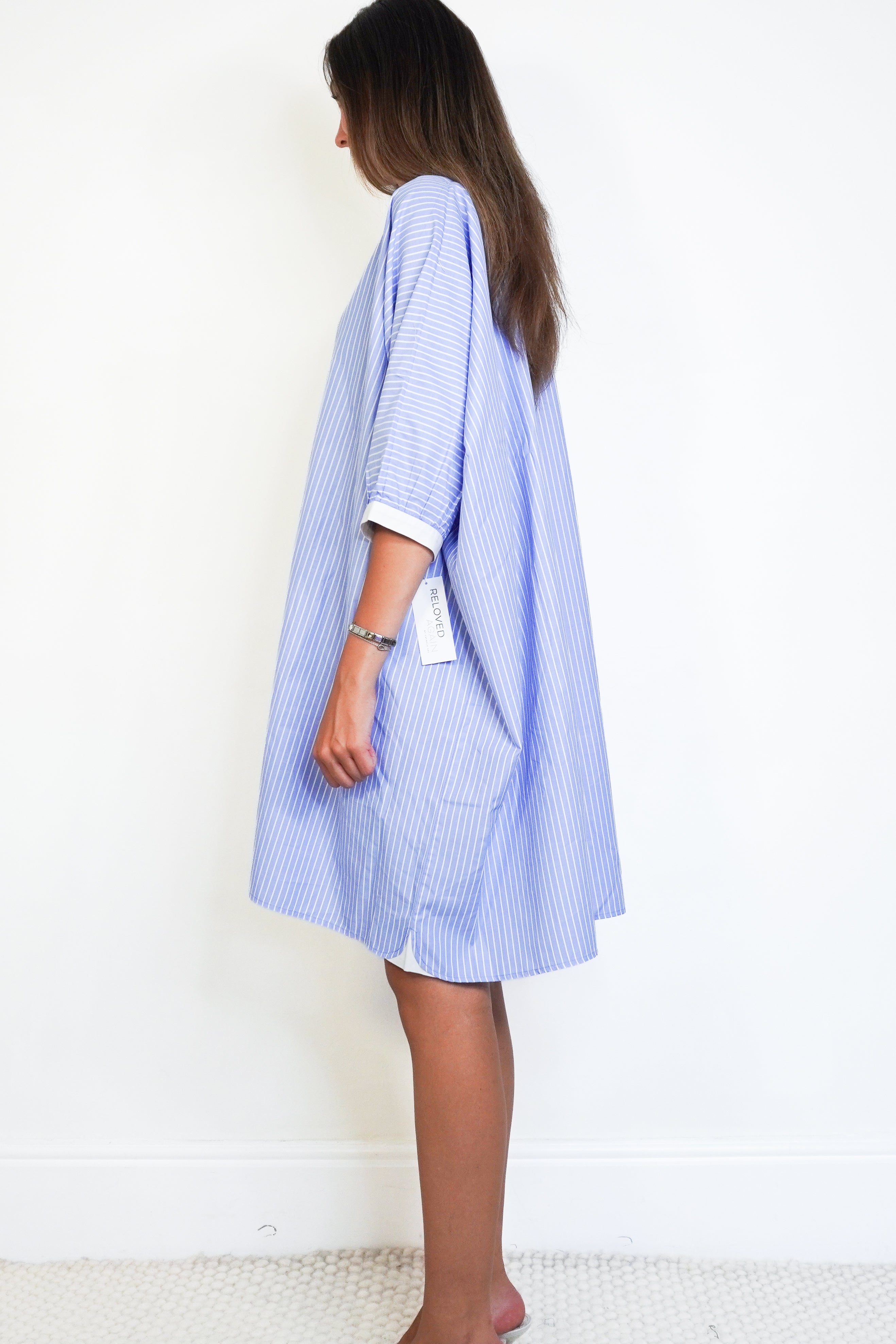 Rae Feather Blue Striped Grecian Shirt Dress side photo chelsea london