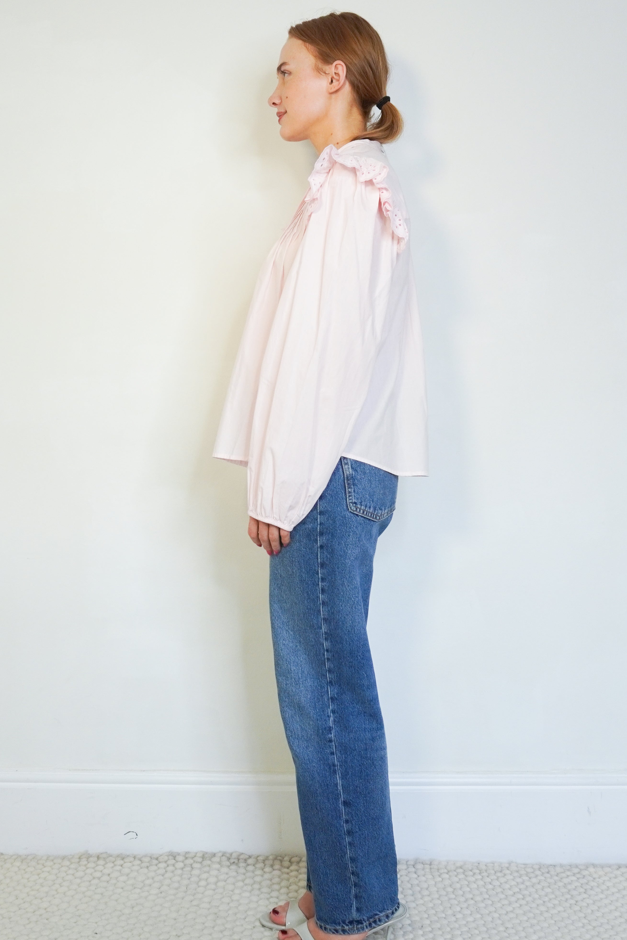 Rae Feather Light Pink Broderie Anglaise Ruffle Blouse side photo chelsea london